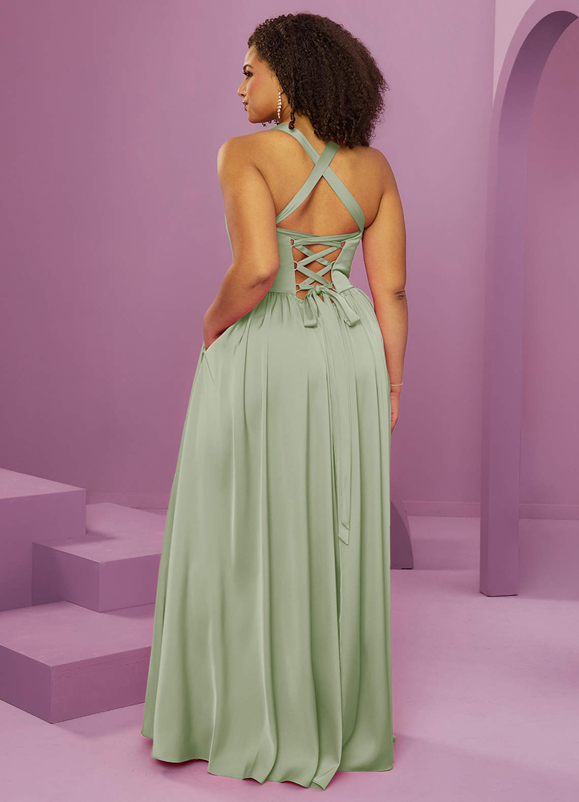 Barbie ♥ Azazie Bridesmaid Dresses Dusty Sage A-Line with Pockets Stretch Satin Dress image13