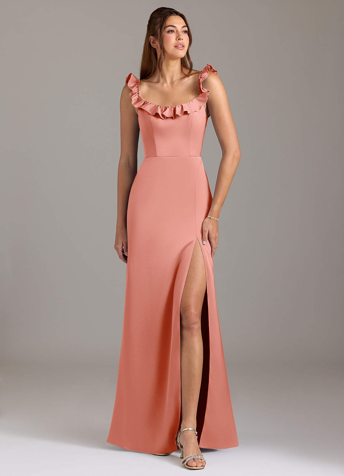 Azazie Callie Robes de demoiselle d'honneur Robe Trapèze Convertible en Satin extensible Rayé Corail image1