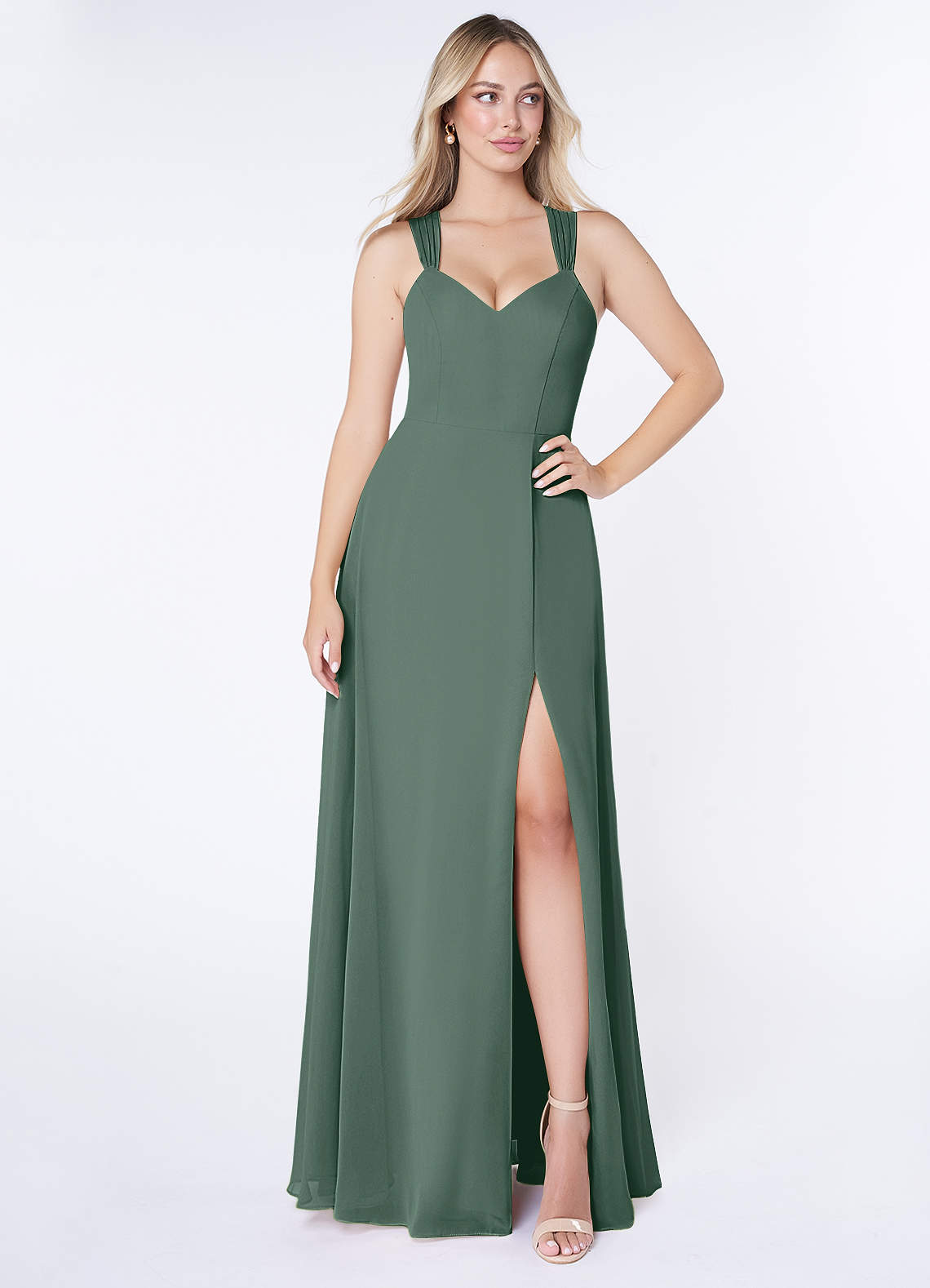 Azazie Jane Bridesmaid Dresses Sea Moss A-Line V-Neck Pleated Chiffon Dress image1