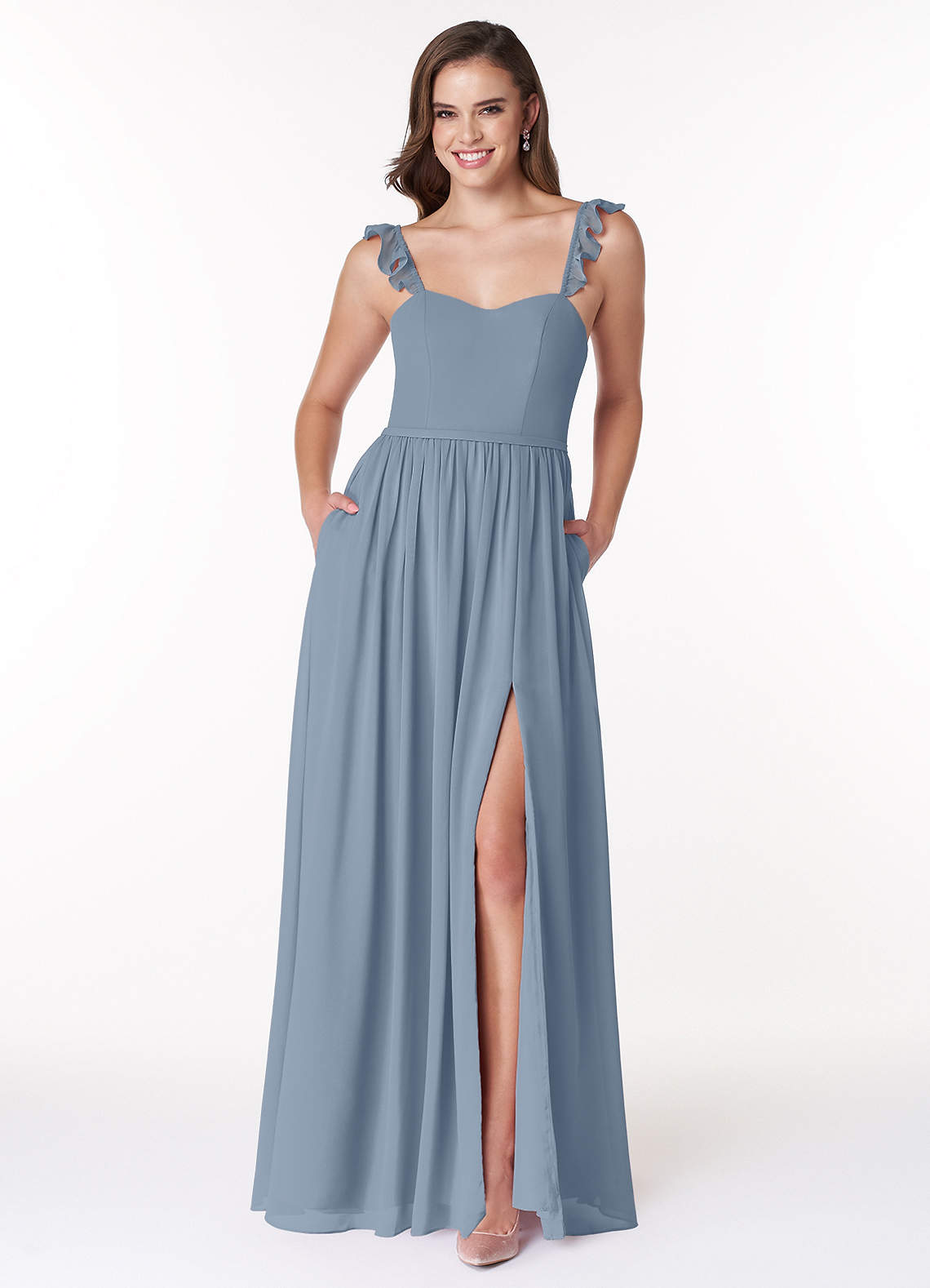 Azazie Metz Bridesmaid Dresses Dusty Blue A-Line Sweetheart Ruched Chiffon Dress image1