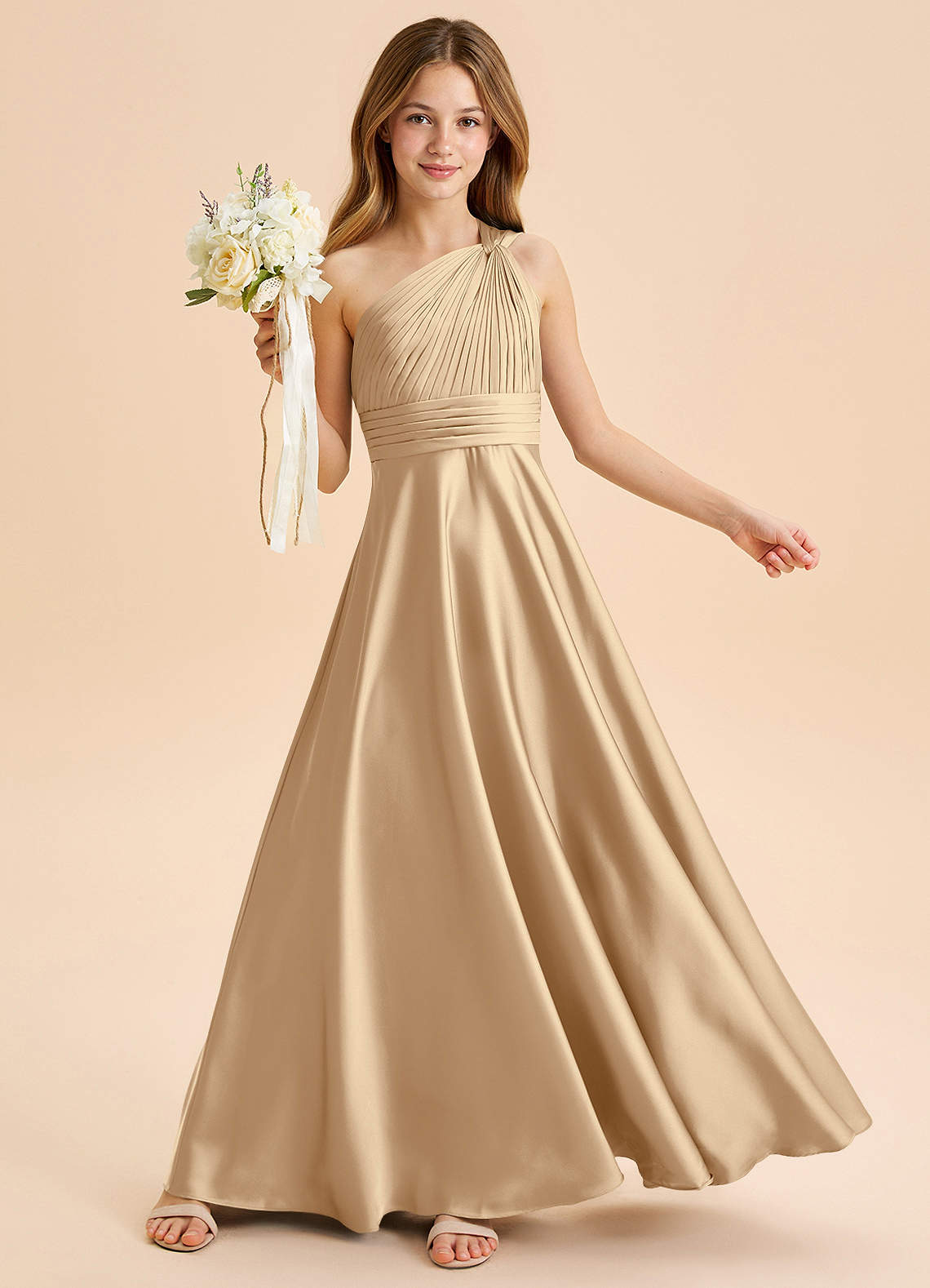 satin champagne junior bridesmaid dress Azazie Gumdrop Junior
