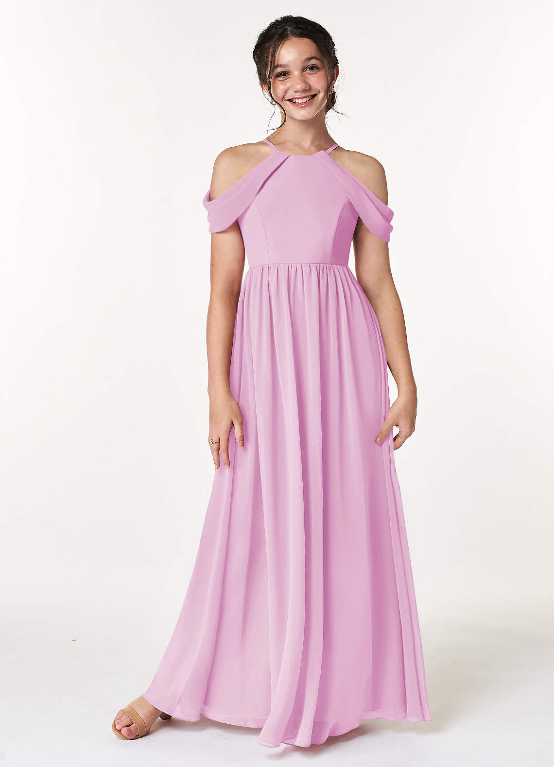 Azazie Seneca Junior Candy Pink A-Line Off the Shoulder Chiffon Dress image1