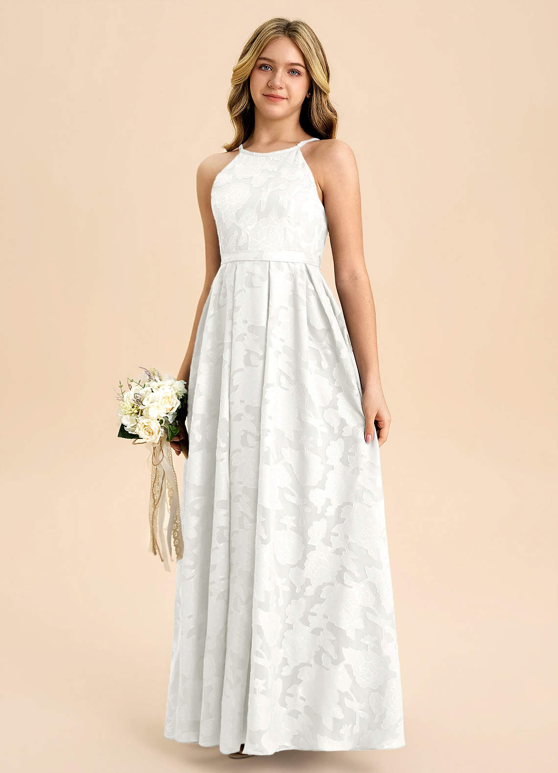 Azazie Arianthe Junior White A-Line Pleated Floral Burnout Dress image5