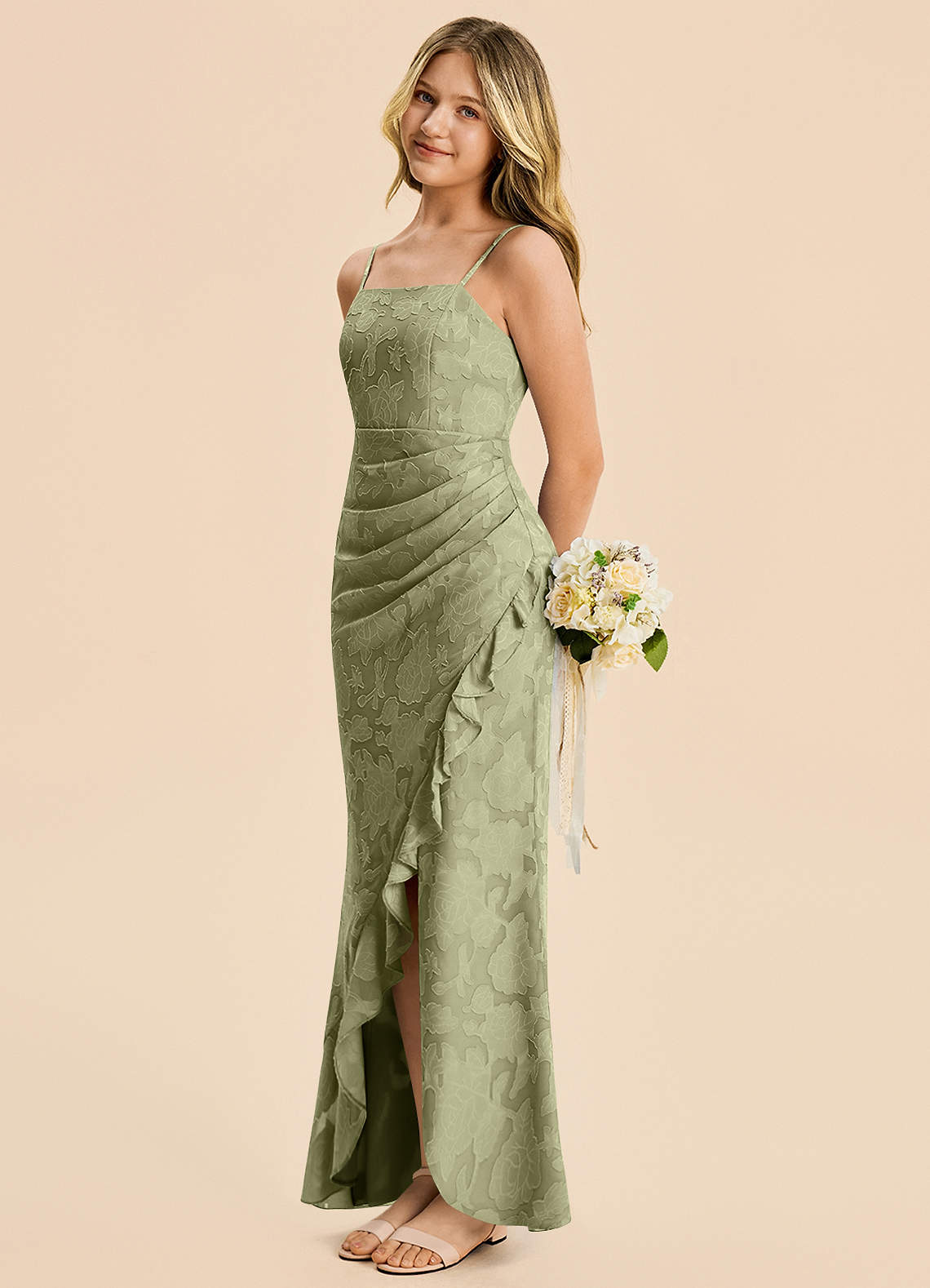 floral jr bridesmaid dresses Azazie Buzzy Junior Dress in Pistachio Satin
