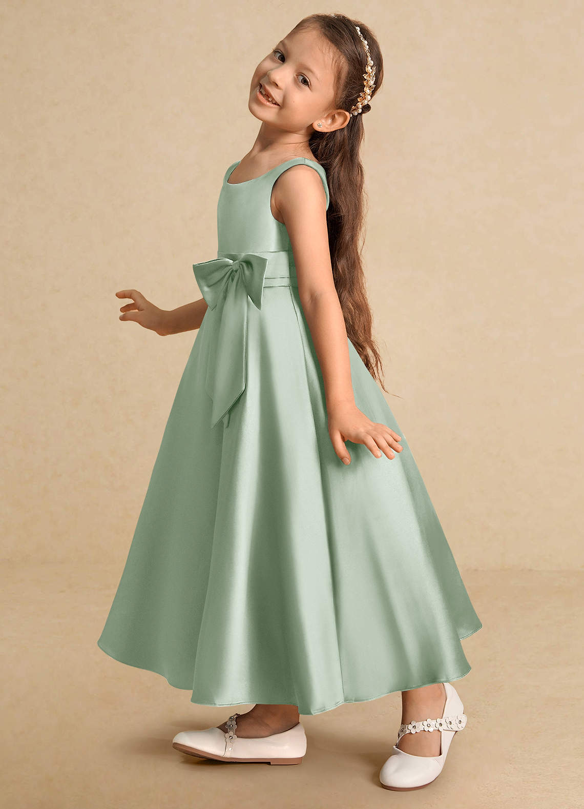 Azazie Lindy Flower Girl Dresses Agave A-Line Pleated Matte Satin Dress image7