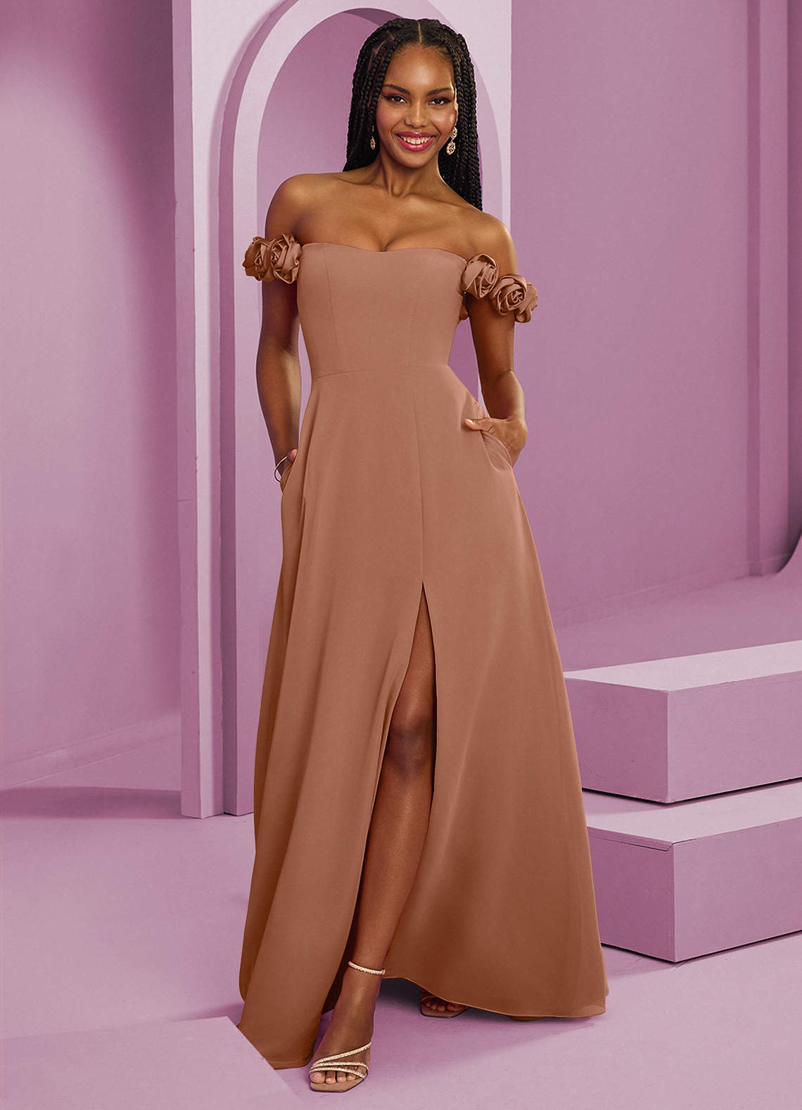 Barbie ♥ Azazie Bridesmaid Dresses Bronzer A-Line Off the Shoulder Chiffon Convertible Dress image1