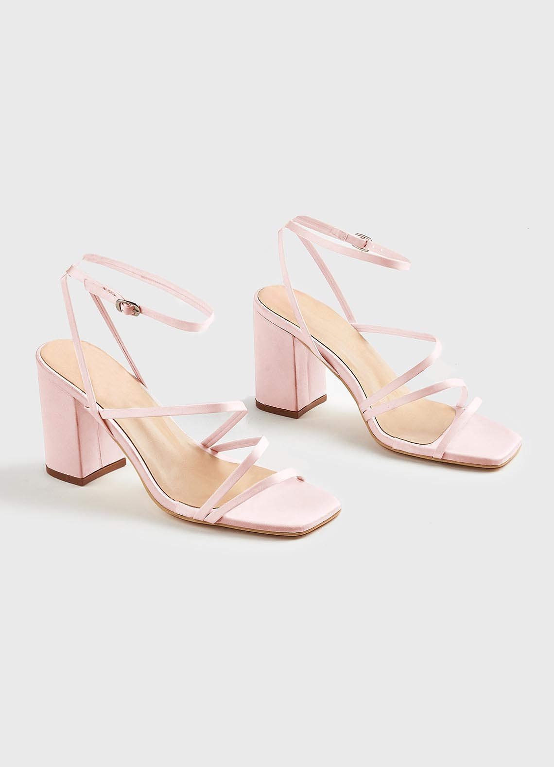 front Matching Color Matte Satin Ankle Strap Block Heel Sandals