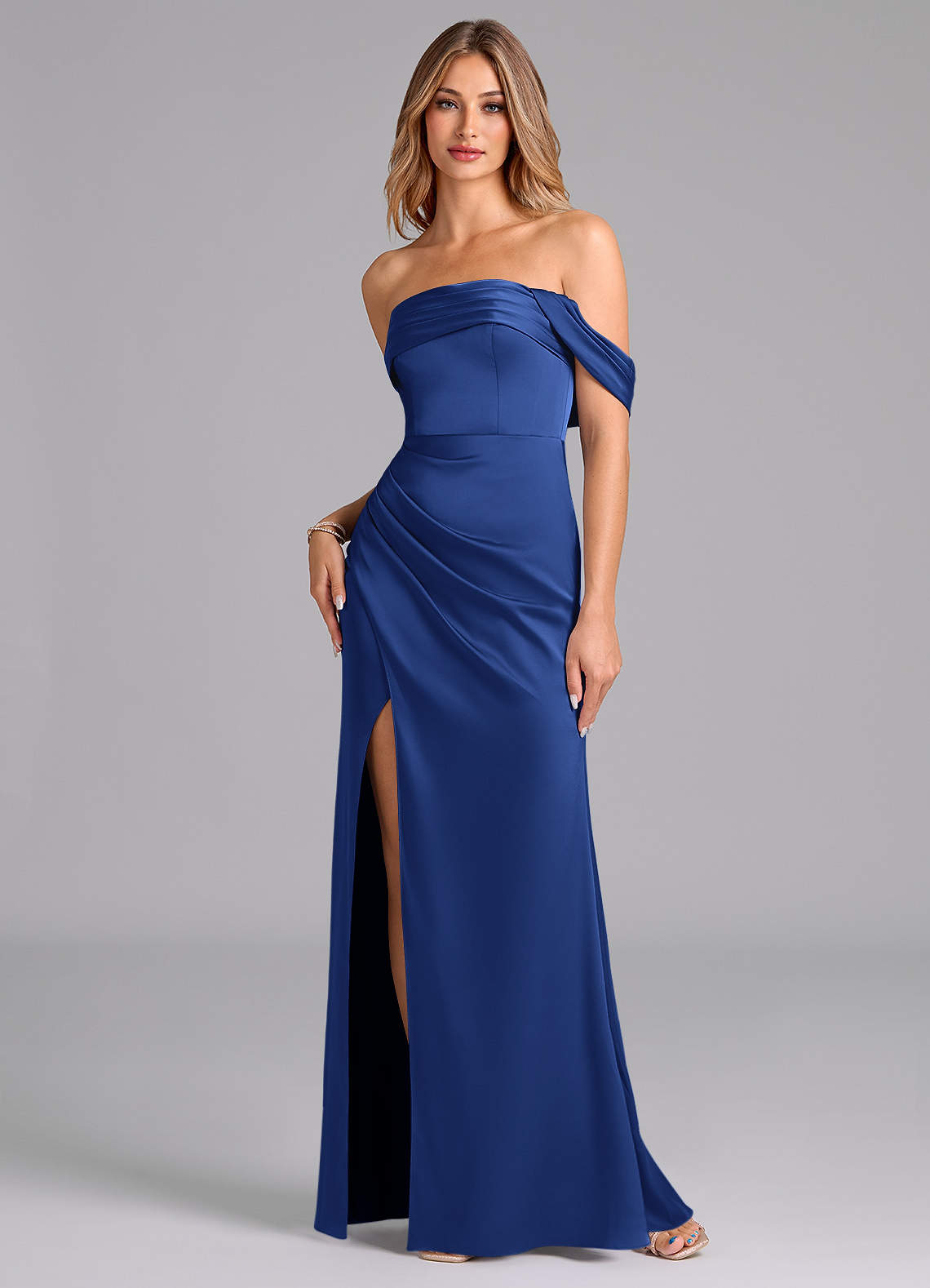 Azazie Lisbeth Bridesmaid Dresses Royal Blue Mermaid Off the Shoulder Stretch Satin Convertible Dress image1