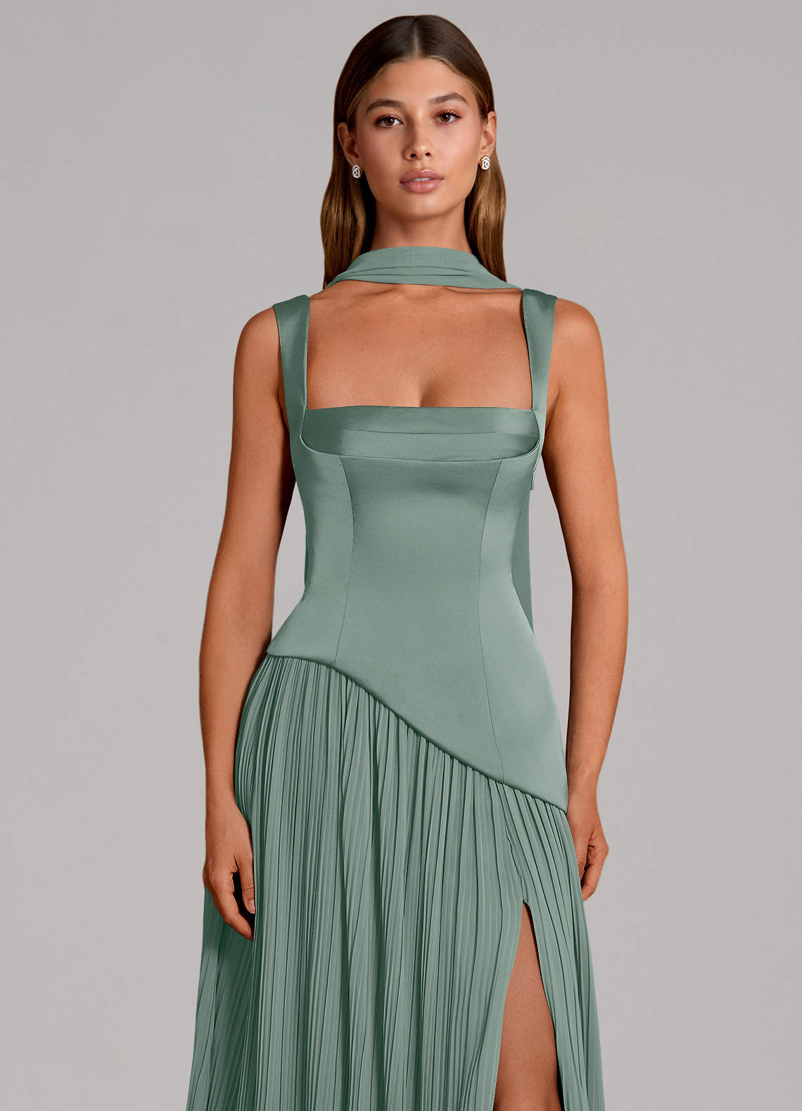 Azazie Stephanie Kjoler til hjemmeprøvning En streg Plisseret Stræk satin Gulv-længde Kjole image5