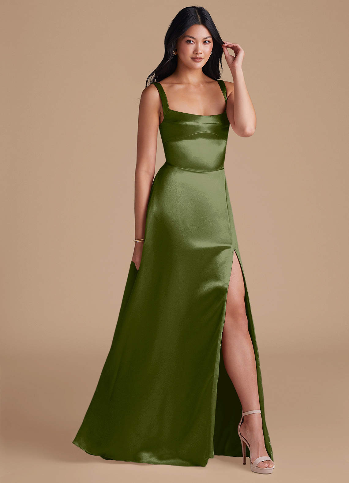 Azazie Hope Bridesmaid Dresses Olive A-Line with Pockets Metallic Satin Dress image1