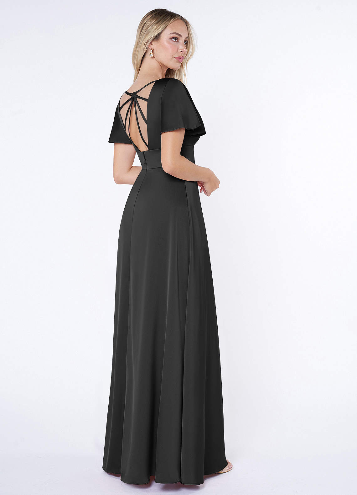 Azazie A-Line V-Neck Floor-Length Stretch Satin Bridesmaid Dresses Black
