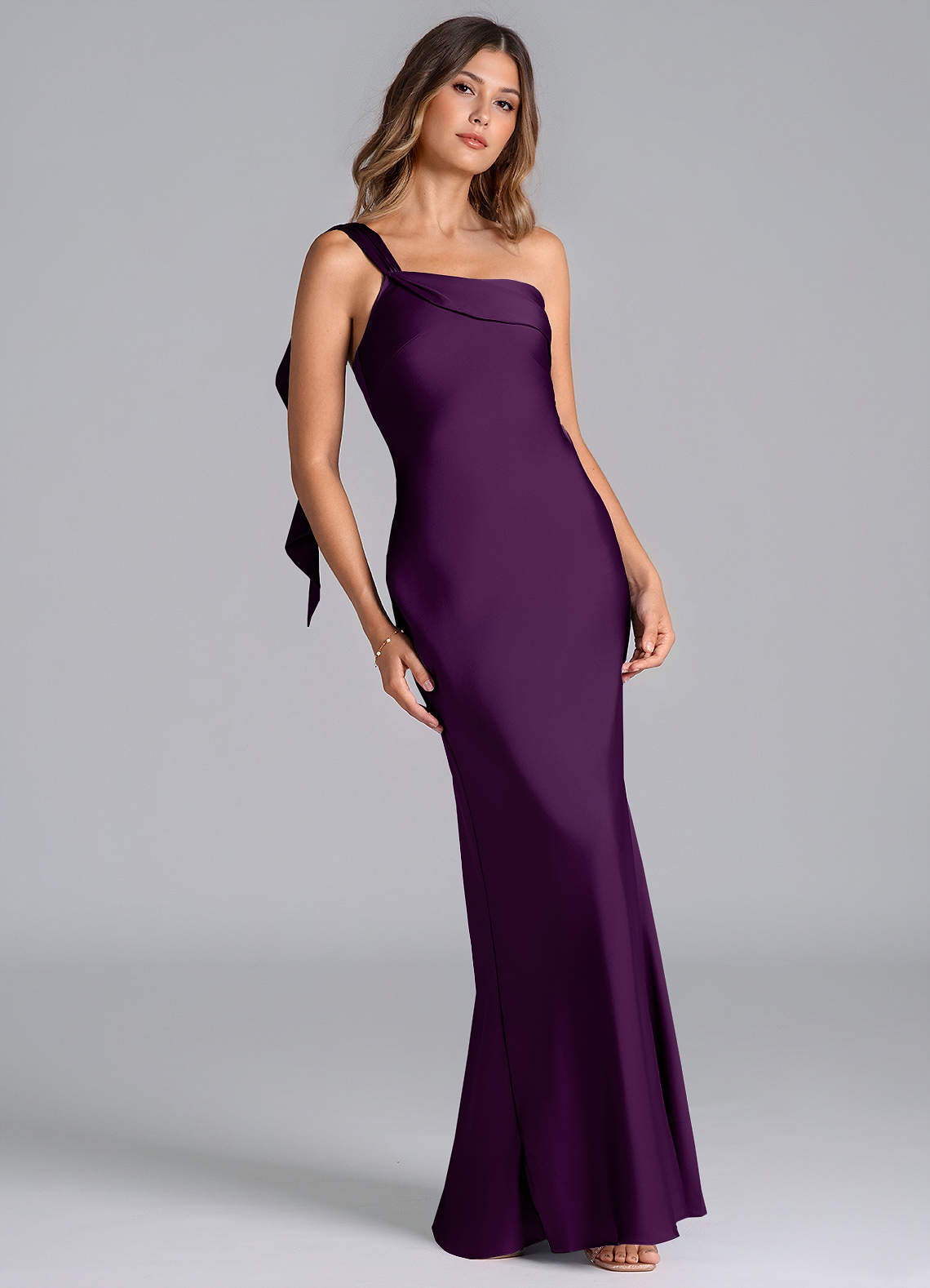 Azazie Driea Bridesmaid Dresses Grape Mermaid One Shoulder Stretch Satin Dress image1