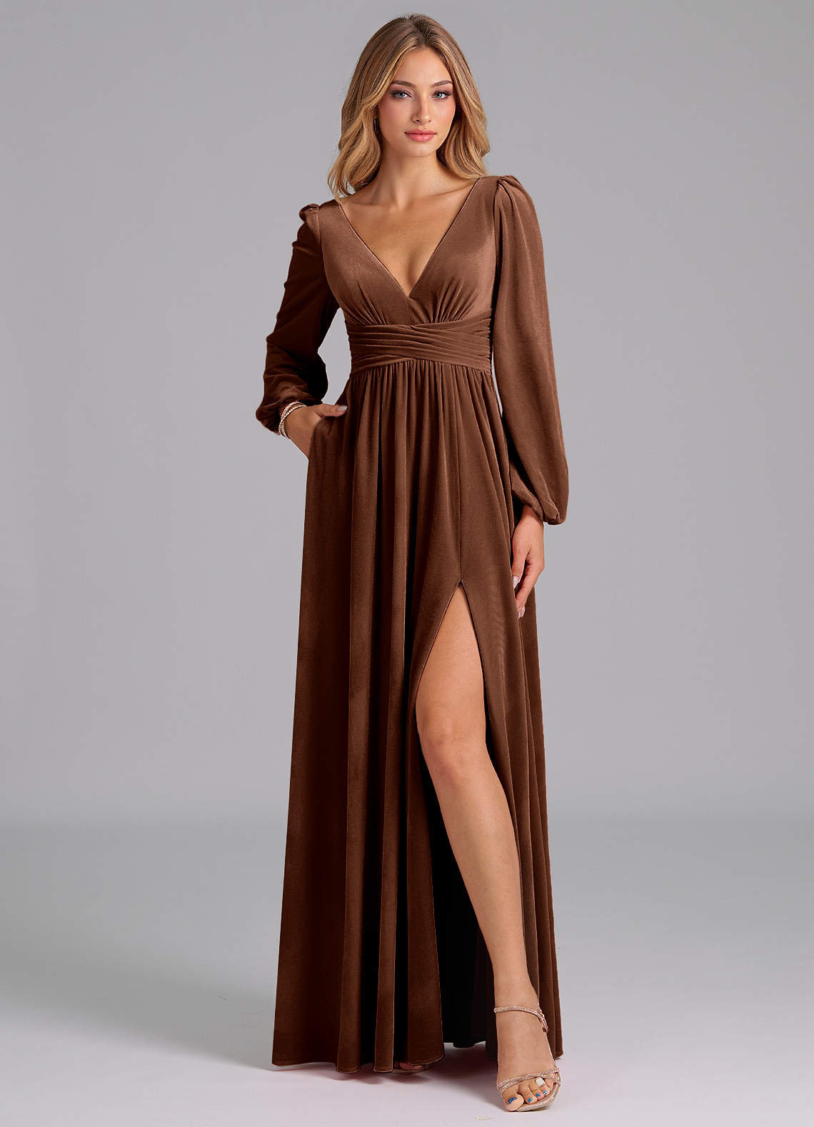chinese dress ladies Brown Velvet Embellished Illusion Long Sleeve A-Line Midi Dress main image 1