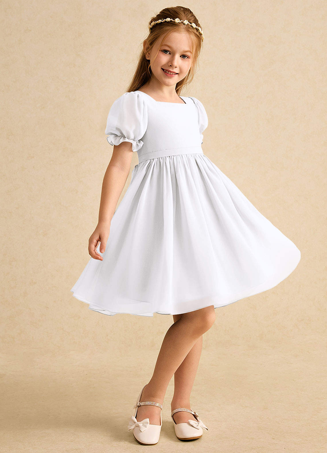 Azazie Jolie Flower Girl Dresses White A-Line with Sleeves Chiffon Dress image1