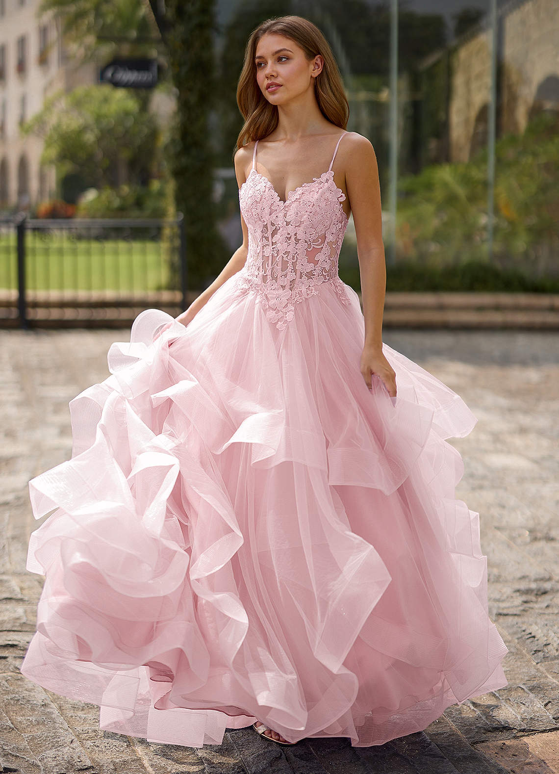 Spitze Pink Sheer Lace Prom Dress image1