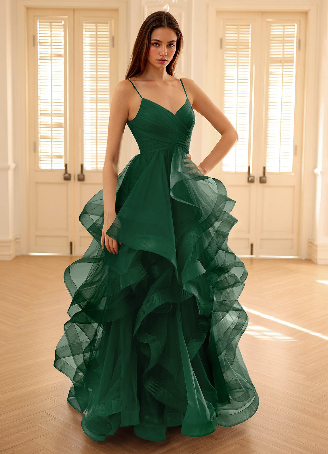 chinese dress ladies Sweet Green A-Line Straps Sleeveless Appliques Tulle Long Prom Dress main image 1