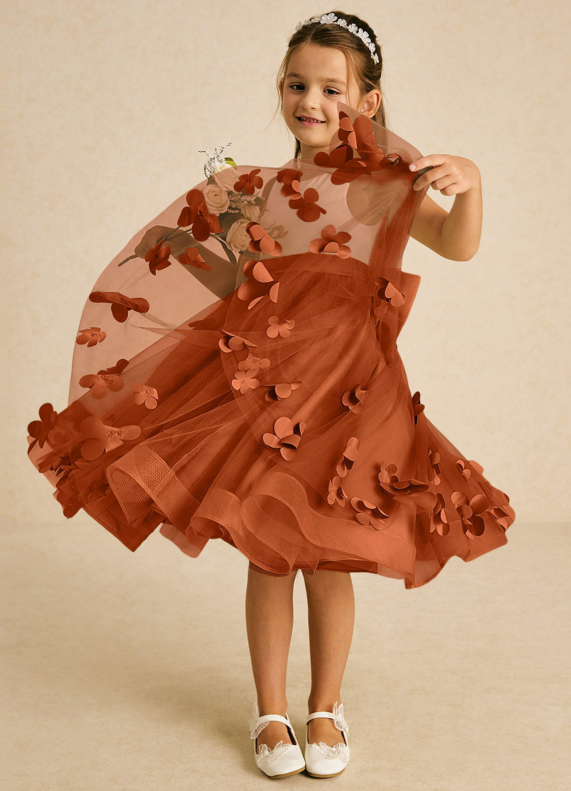 Azazie Sprout Flower Girl Dresses Burnt Orange A-Line Bow Tulle Dress image2
