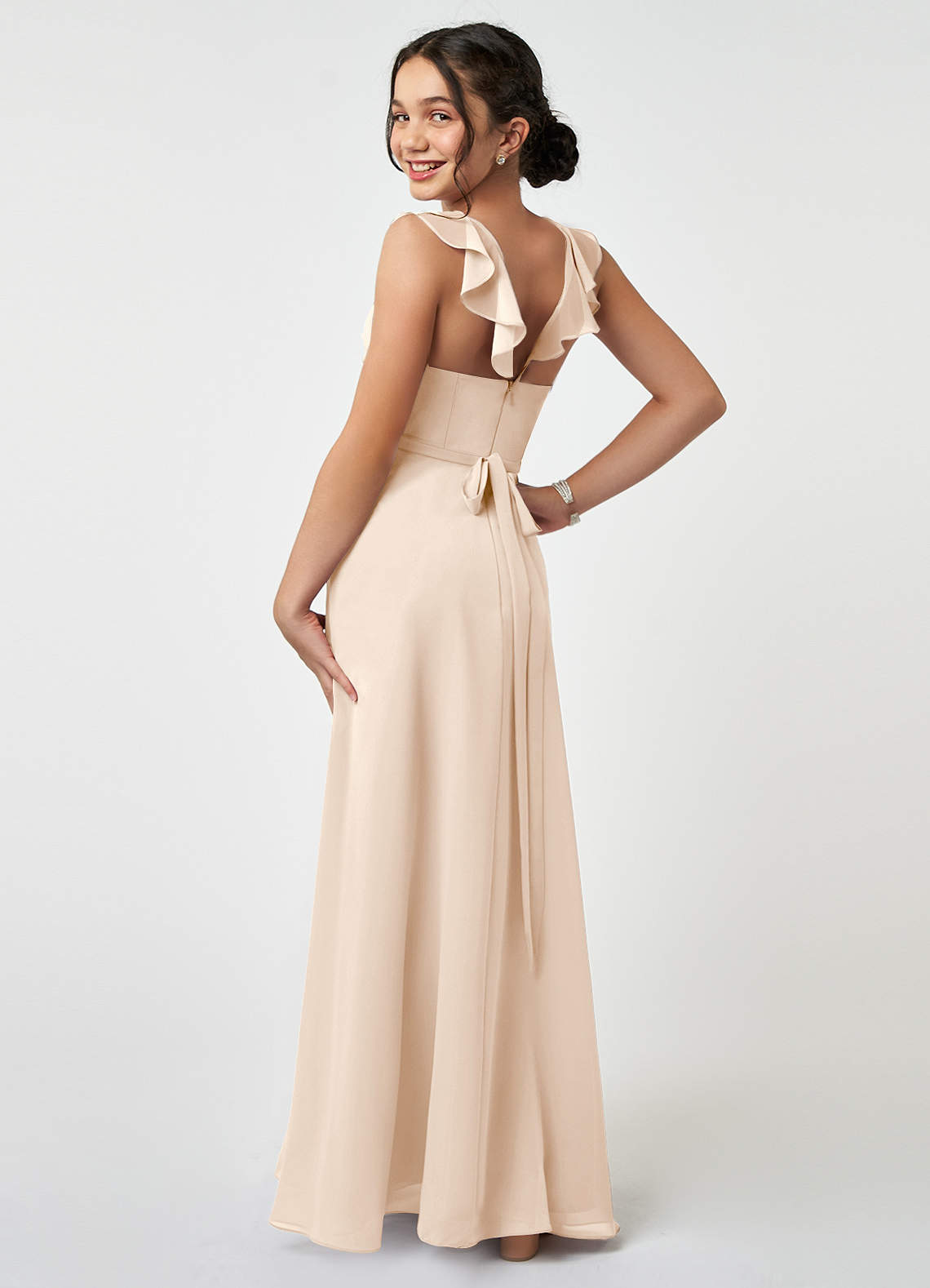 Azazie Emily Junior Robe Trapèze en Mousseline de soie Rayé Albâtre Blanc image3