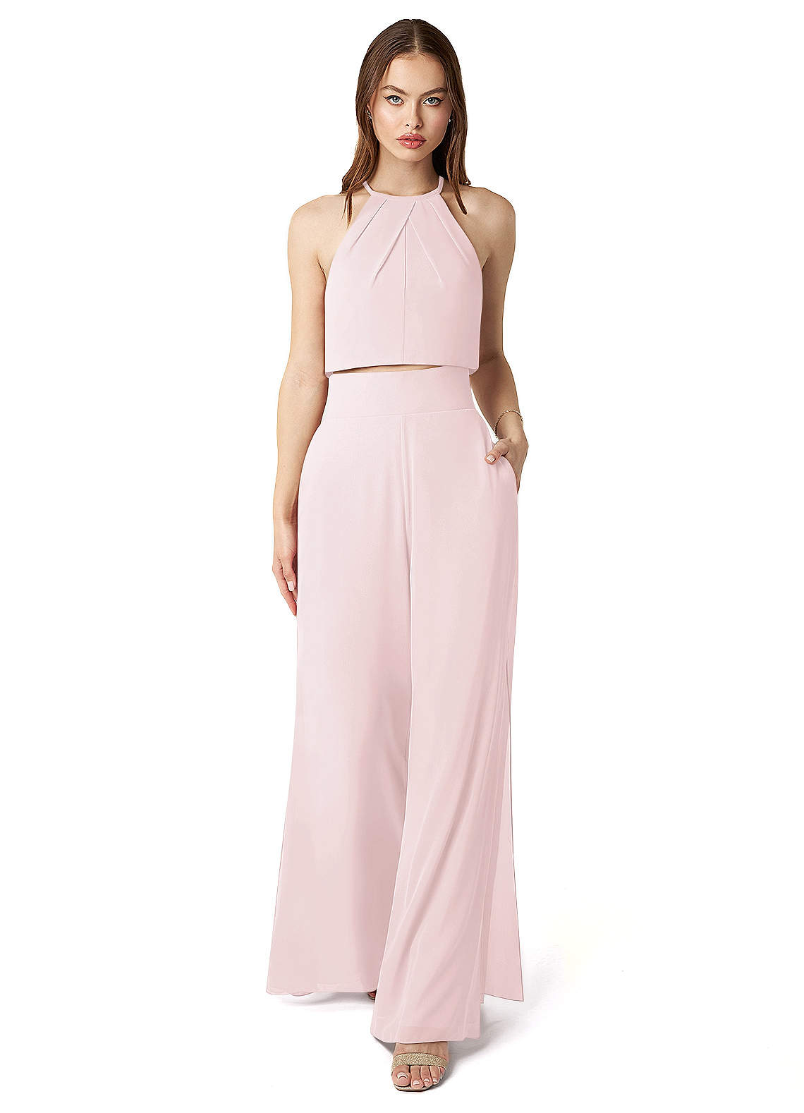 Azazie Kenzi Bridesmaid Dresses Blushing Pink Pleated Chiffon Jumpsuit image1