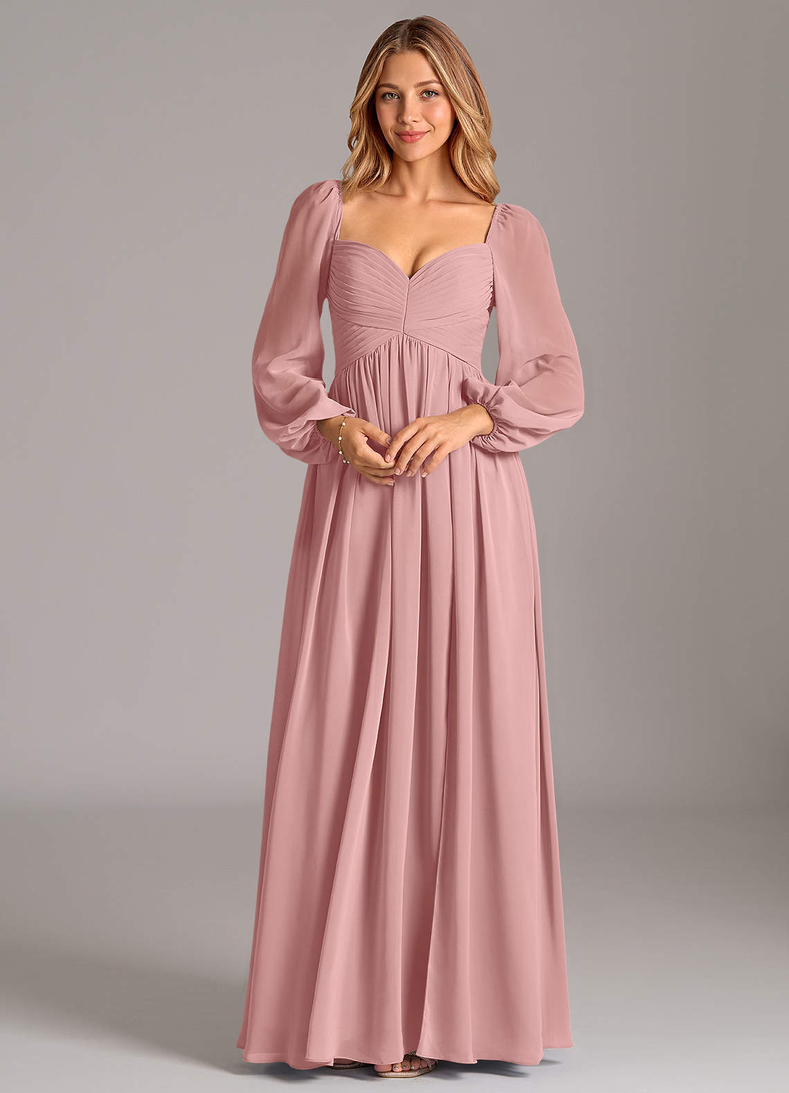 Azazie Bailee At-home Try On Dresses Dusty Rose A-Line Long Sleeve Chiffon Dress image5