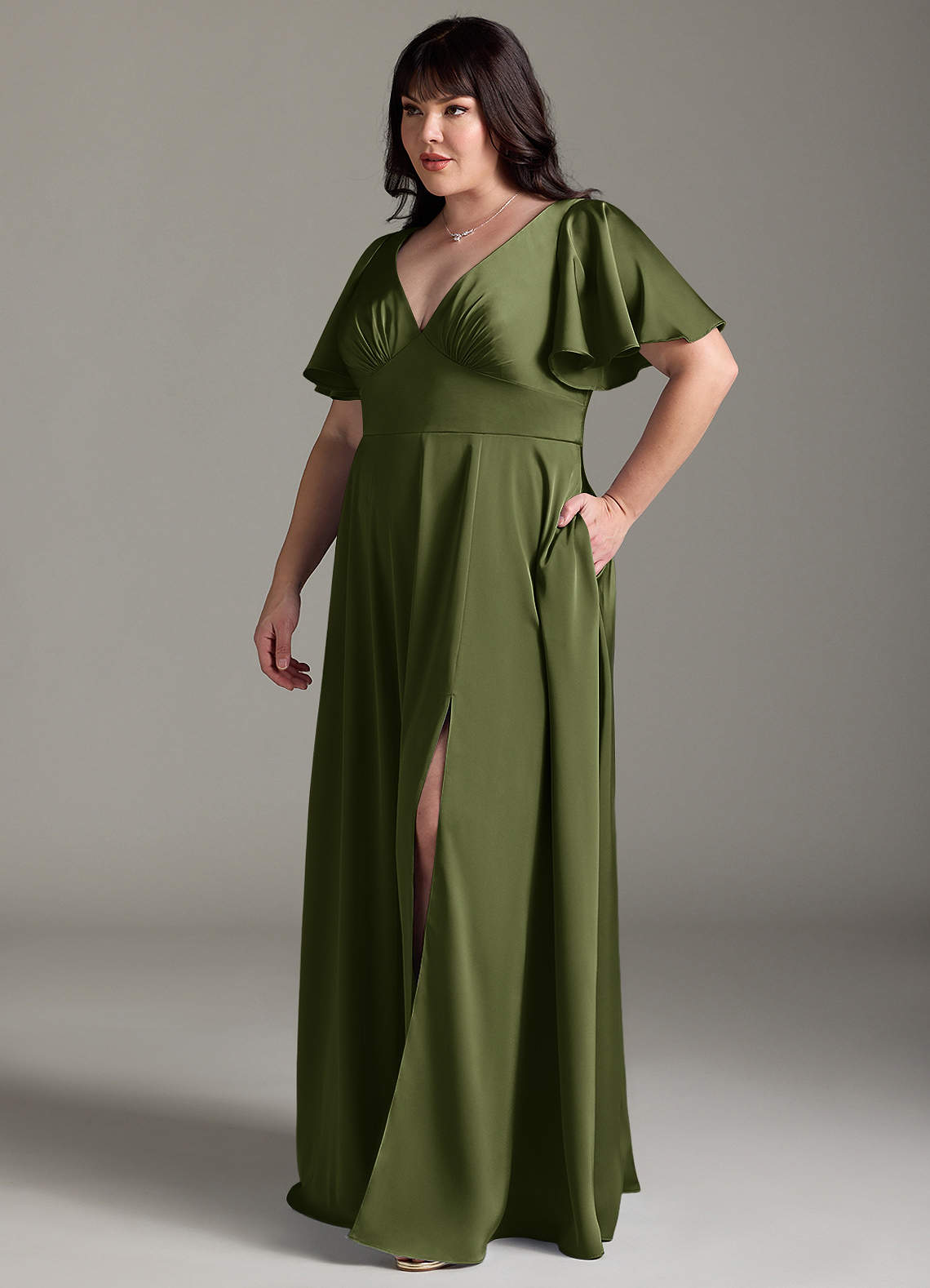 Azazie Kimber Bridesmaid Dresses Olive A-Line Ruched Stretch Satin Dress image9