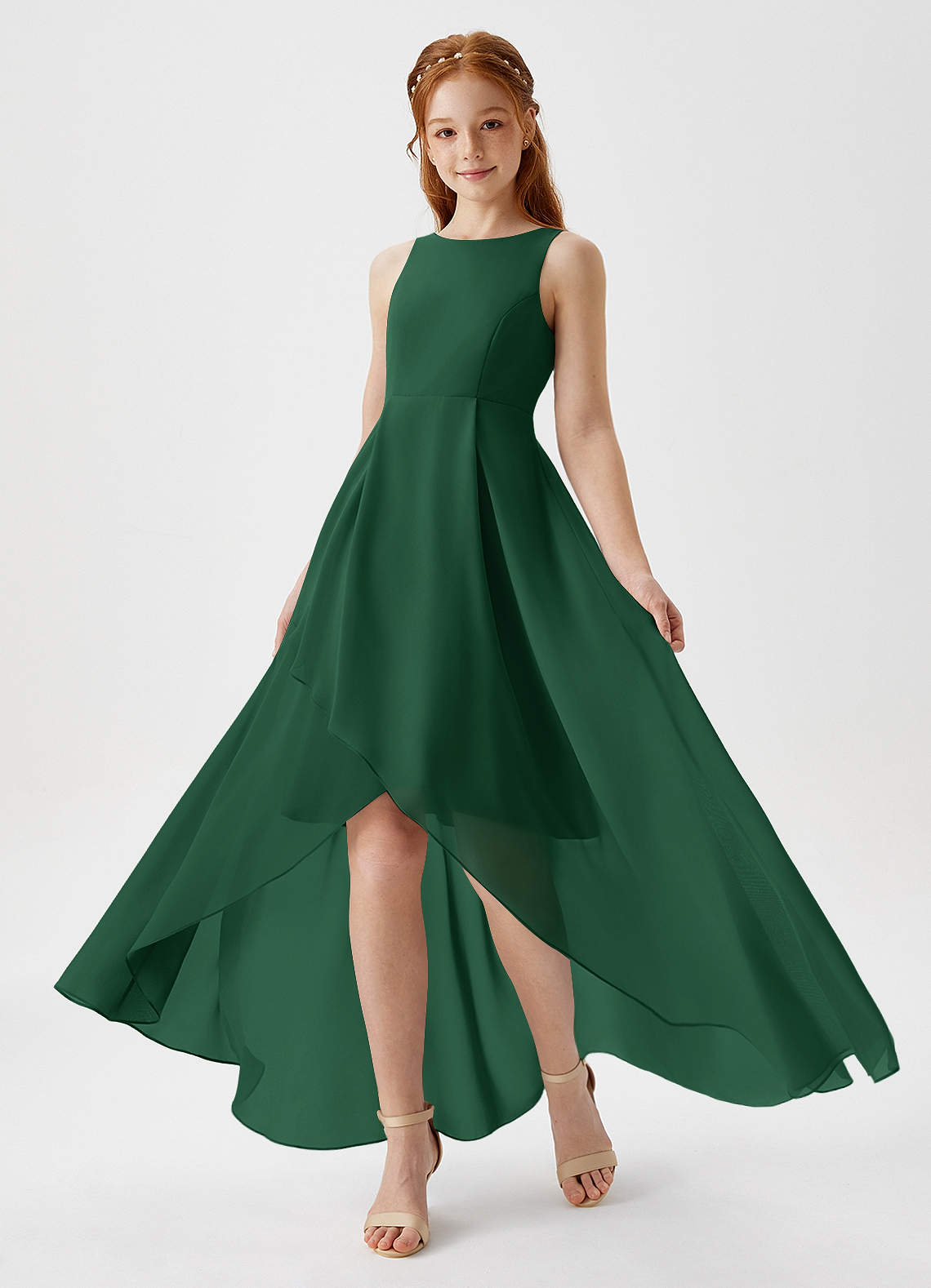 Azazie Lizette Junior Dark Green A-Line Pleated Chiffon Dress image1