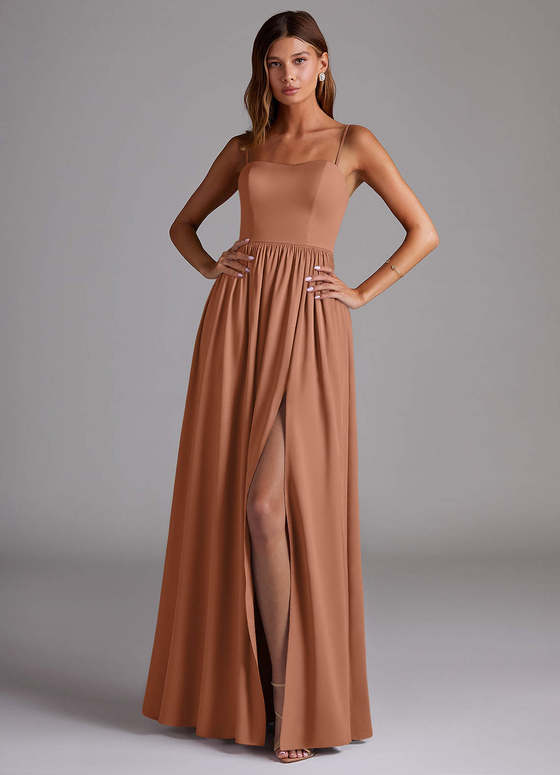 Azazie Calianna Bridesmaid Dresses Bronzer A-Line Off the Shoulder Stretch Satin Convertible Dress image1