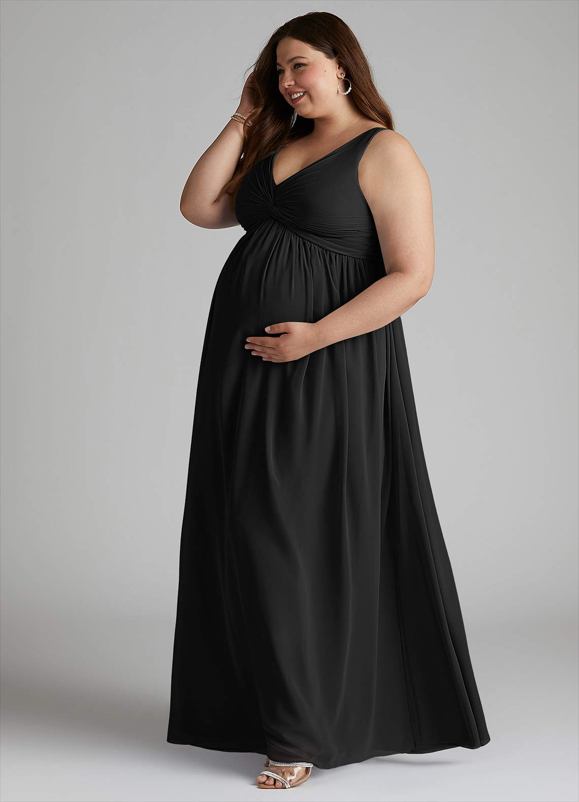 Azazie Yetta Maternity Bridesmaid Dresses A-Line V-Neck Gathered Chiffon Floor-Length Dress image9