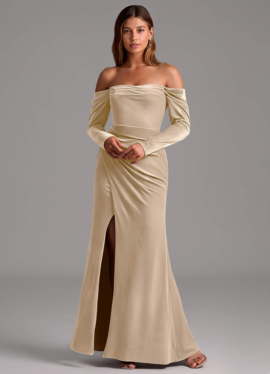 Azazie Hallie Ready to Ship Champagne Velvet Bridesmaid Dresses | Azazie Azazie Hallie Ready to Ship Champagne Velvet Bridesmaid Dresses | Azazie