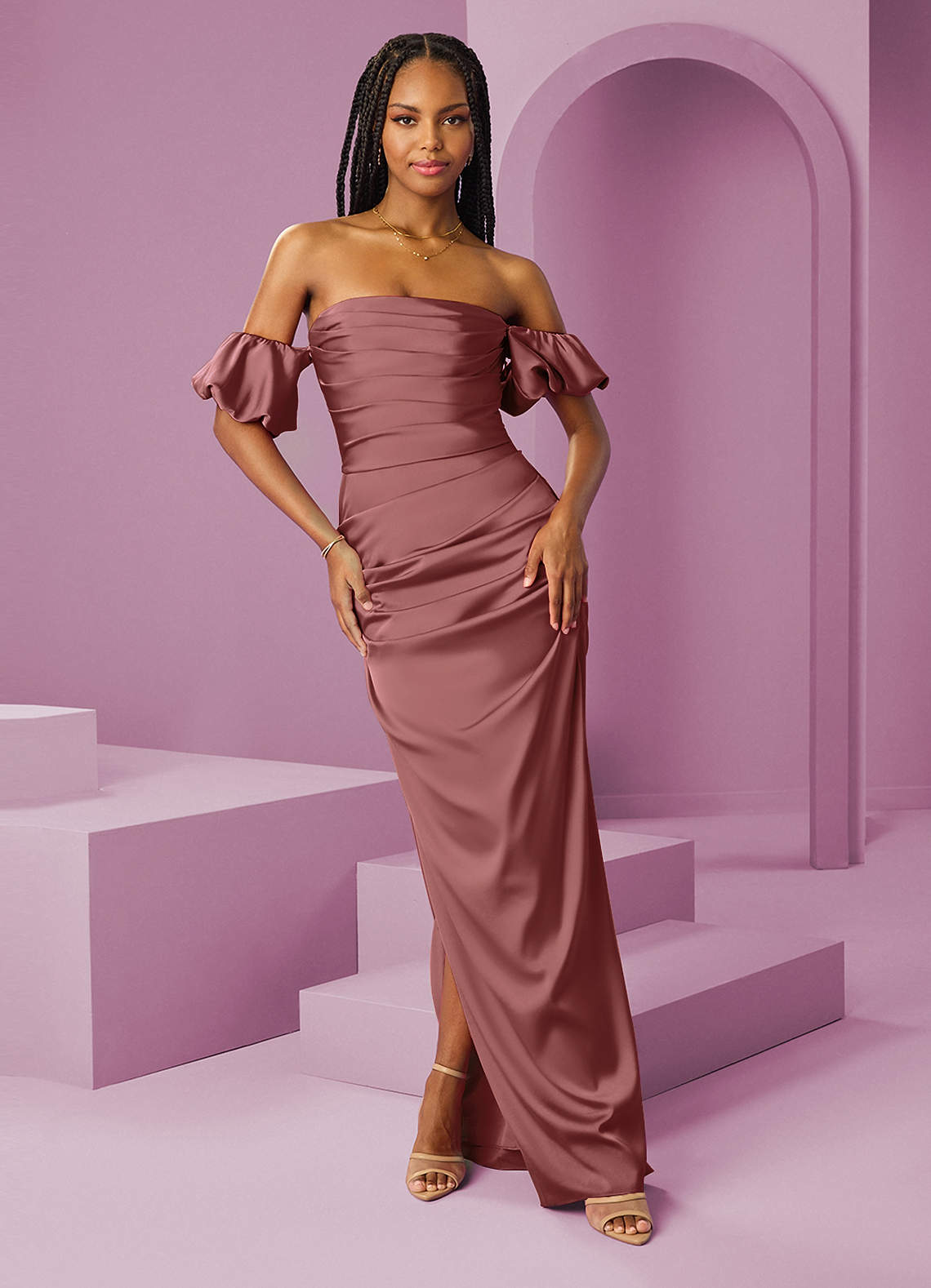 Barbie ♥ Azazie Bridesmaid Dresses Amethyst Sheath Off the Shoulder Stretch Satin Convertible Dress image1