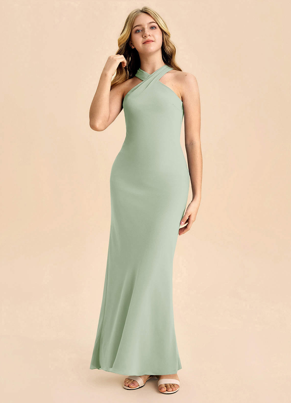 Azazie Doretta Junior Vestido de Salvia Polvorienta de Gasa de Corte Recto con Plisado image2