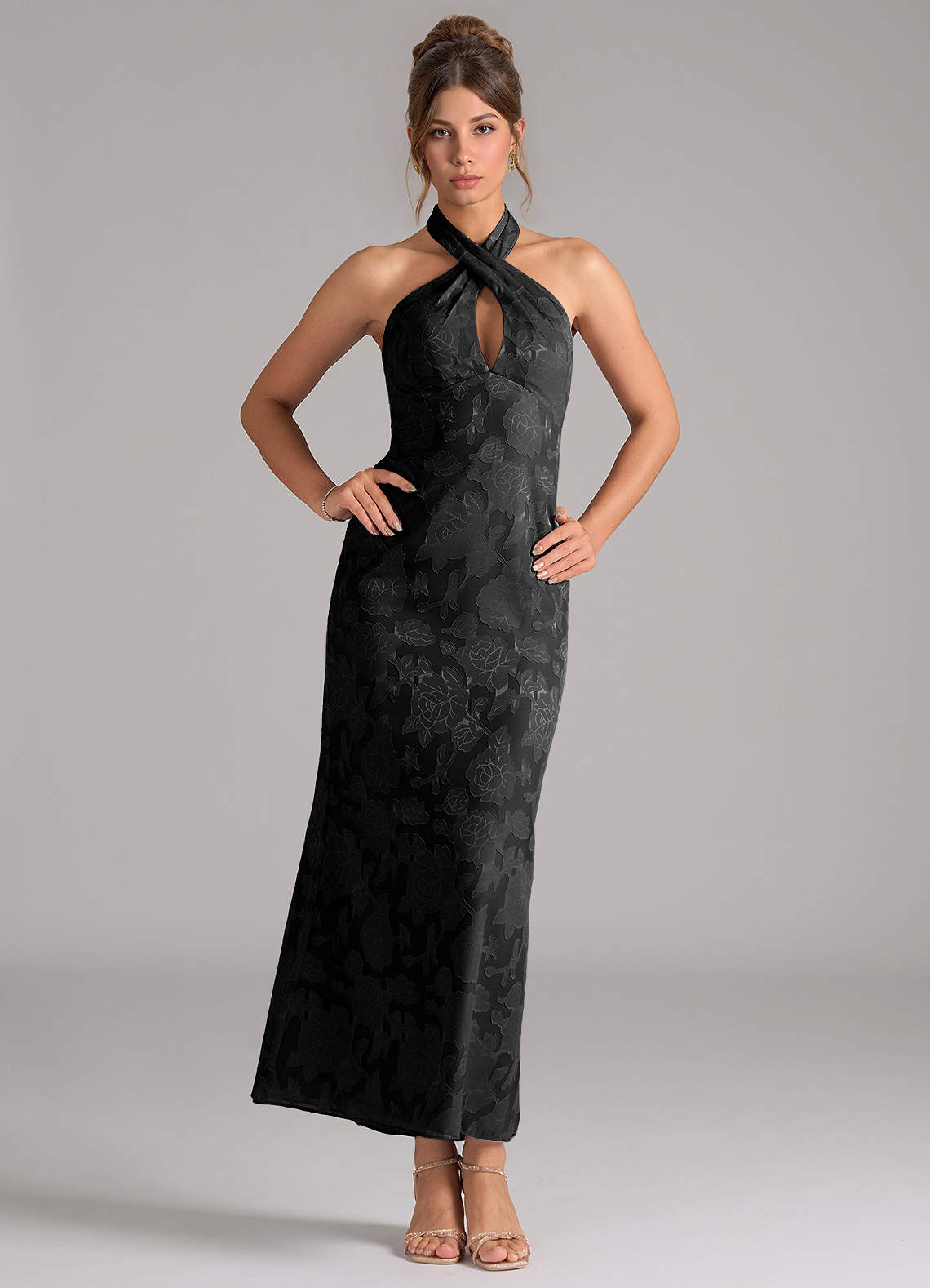 Azazie Marlissa Bridesmaid Dresses Black Sheath Pleated Floral Burnout Dress image1