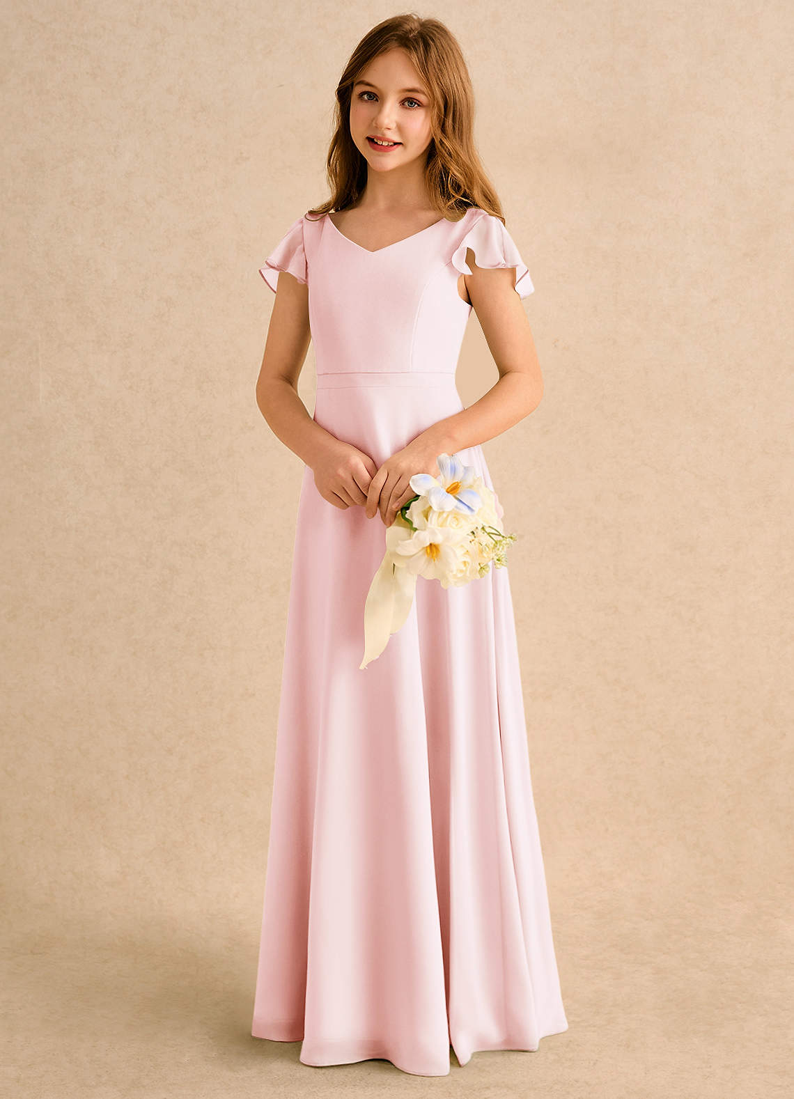 Azazie Nari Girls Formal Vestidos de florista Vestido Rosa Corado de Chiffon de Linha A com com Mangas image2