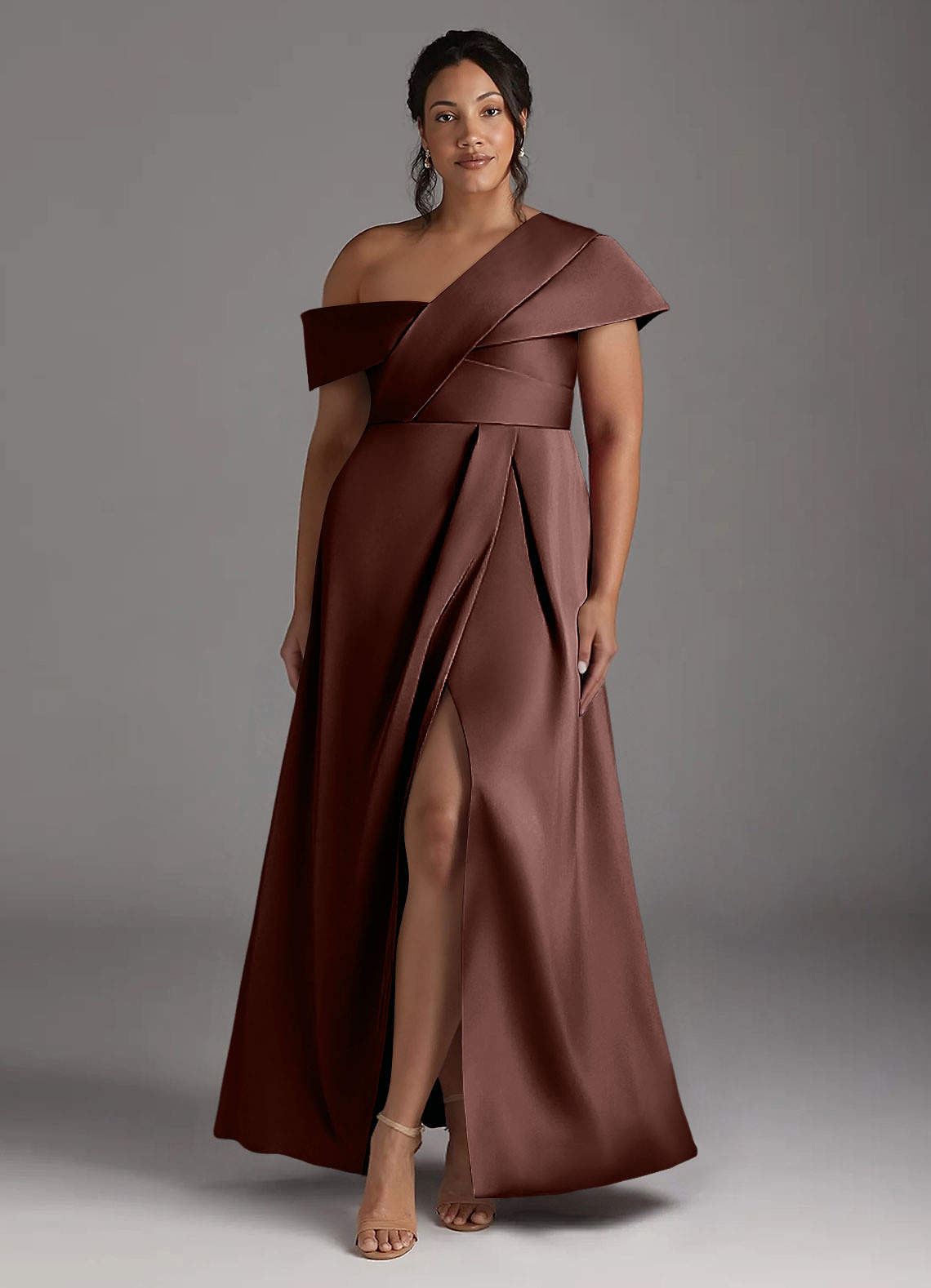 Azazie Milton Mother of the Bride Dresses Espresso A-Line Pleated Stretch Satin Dress image1