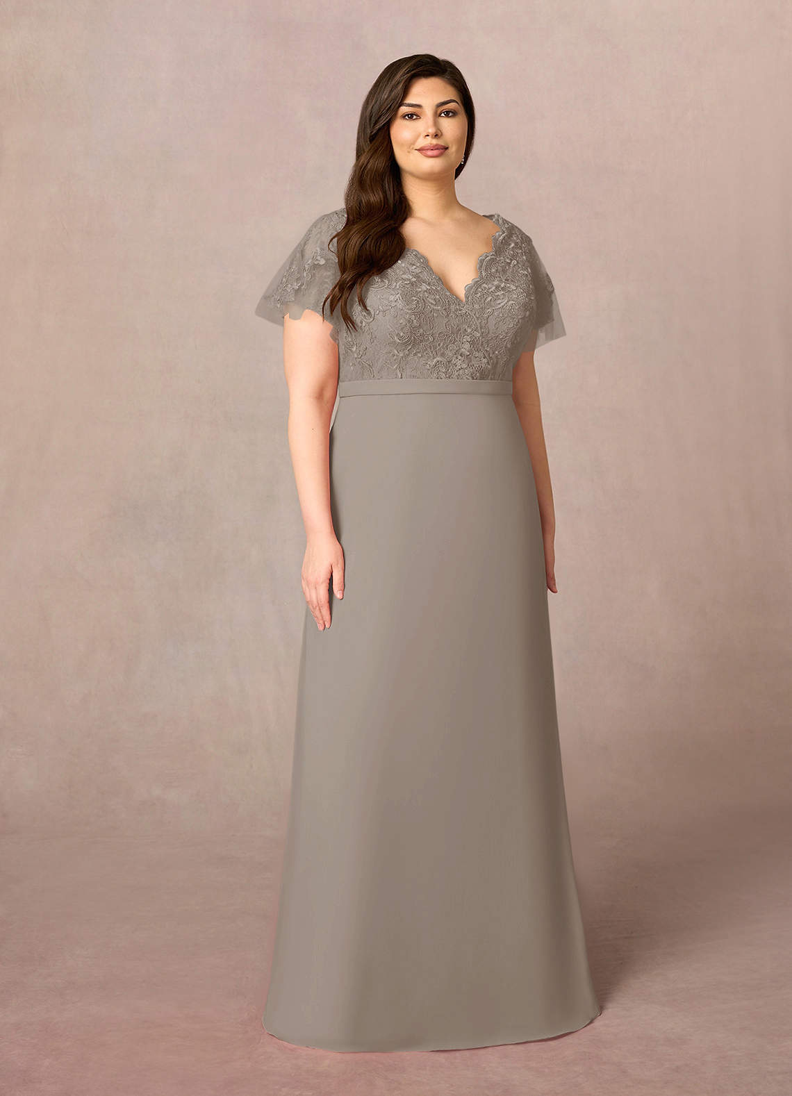 Azazie Singer Mère de la mariée Robes Robe Trapèze en Mousseline de soie Col V Dentelle Taupe image1
