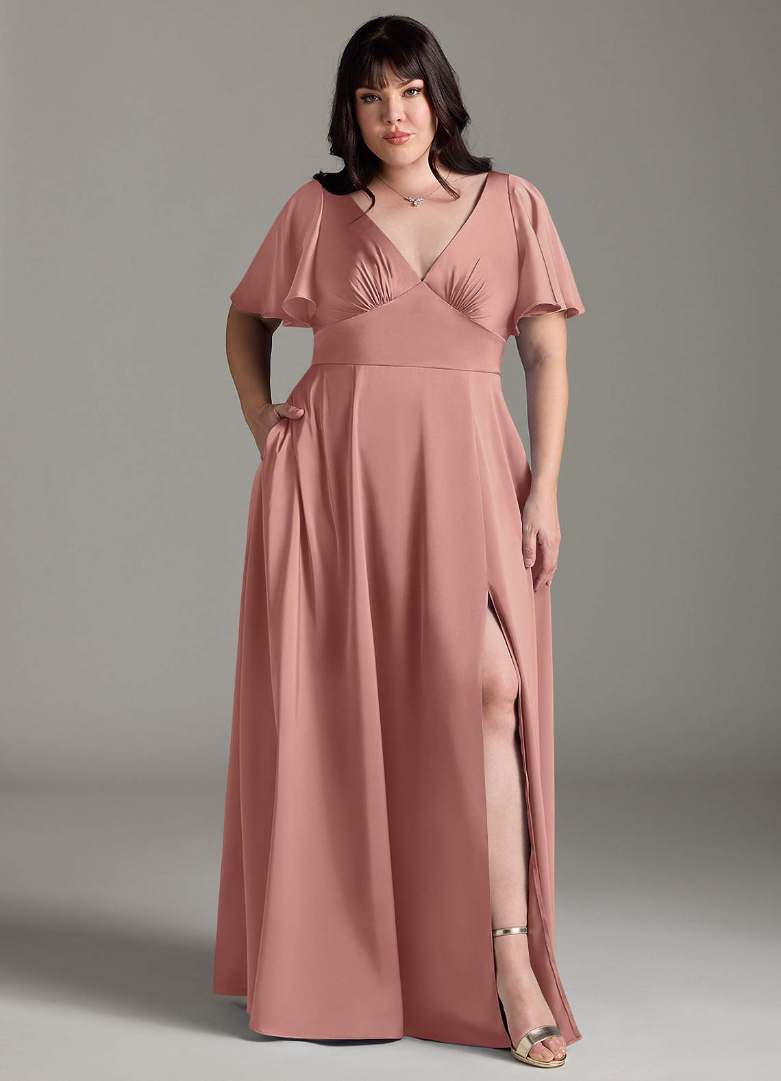 Azazie Kimber Bridesmaid Dresses Rosette A-Line Ruched Stretch Satin Dress image1