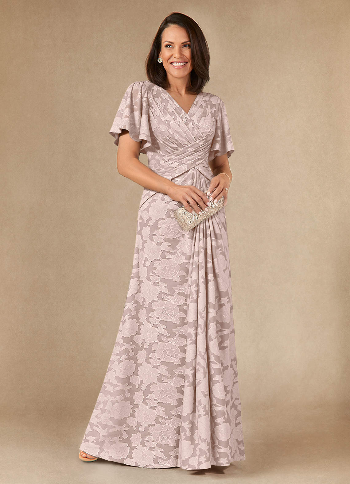 Azazie Emmeline Mother of the Bride Dresses Blushing Pink A-Line Pleated Floral Burnout Dress image1