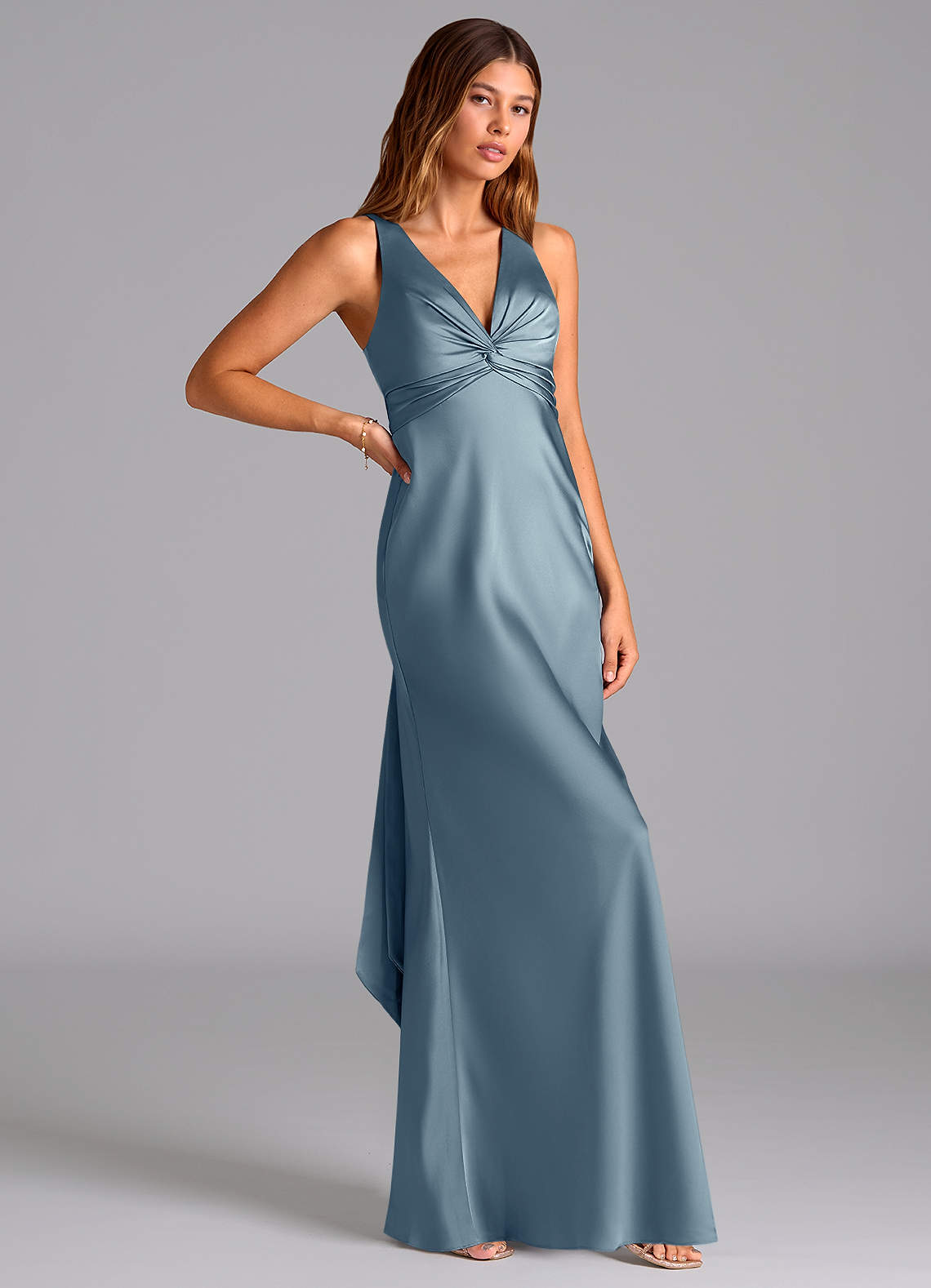Azazie Hati Vestidos de damas de honor Vestido de Azul Polvoriento de Satén Elástico de Corte Sirena image1