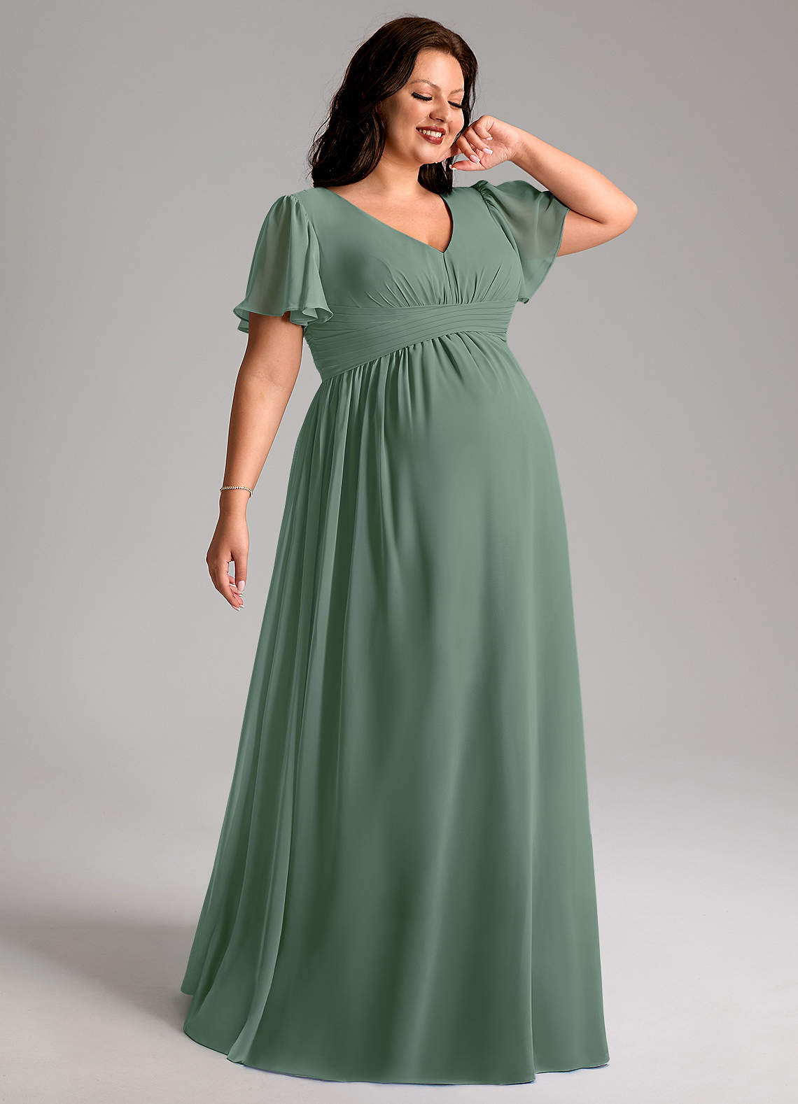 Azazie Verna Maternity Bridesmaid Dresses A-Line V-Neck Ruched Chiffon Floor-Length Dress image6
