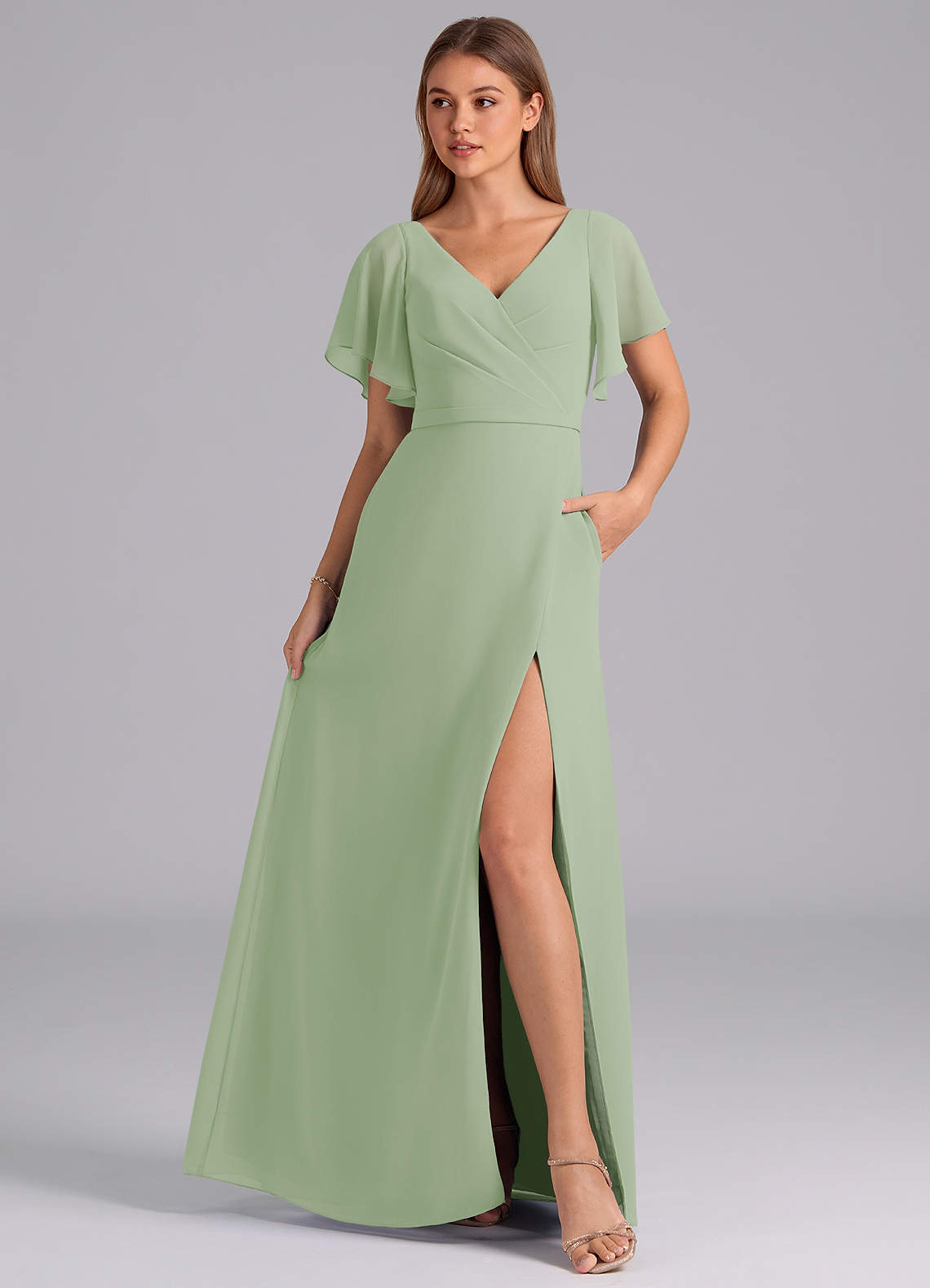 Azazie Ambrosia Bridesmaid Dresses Dusty Sage A-Line Pleated Chiffon Dress image2
