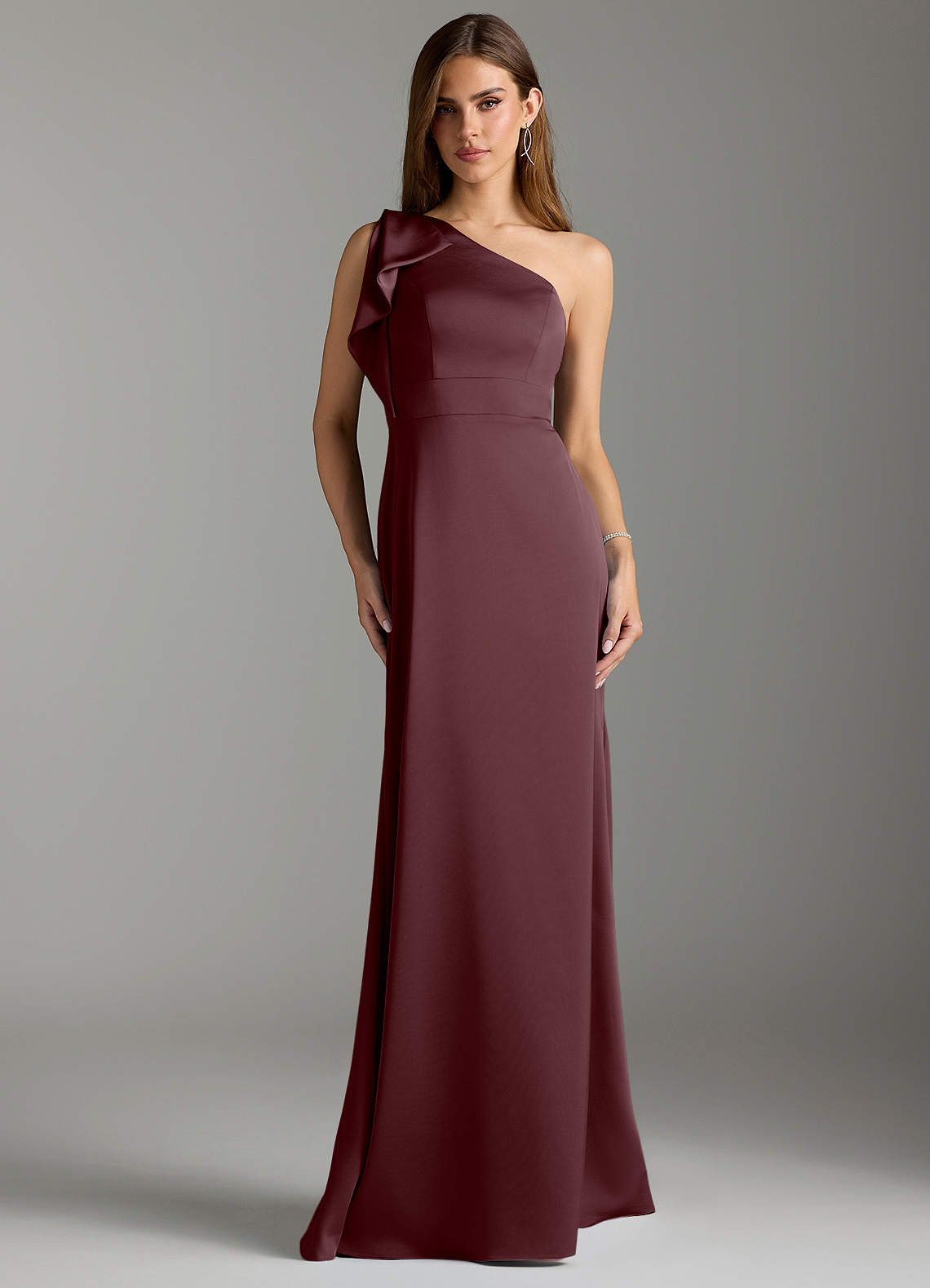 Azazie Rinna Bridesmaid Dresses Sangria Mermaid Ruched Stretch Satin Dress image1