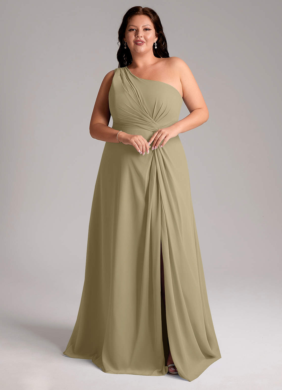 Azazie Brooke Vestidos de madrinha de casamento Vestido Musgo Verde de Chiffon de Linha A com Um ombro image9