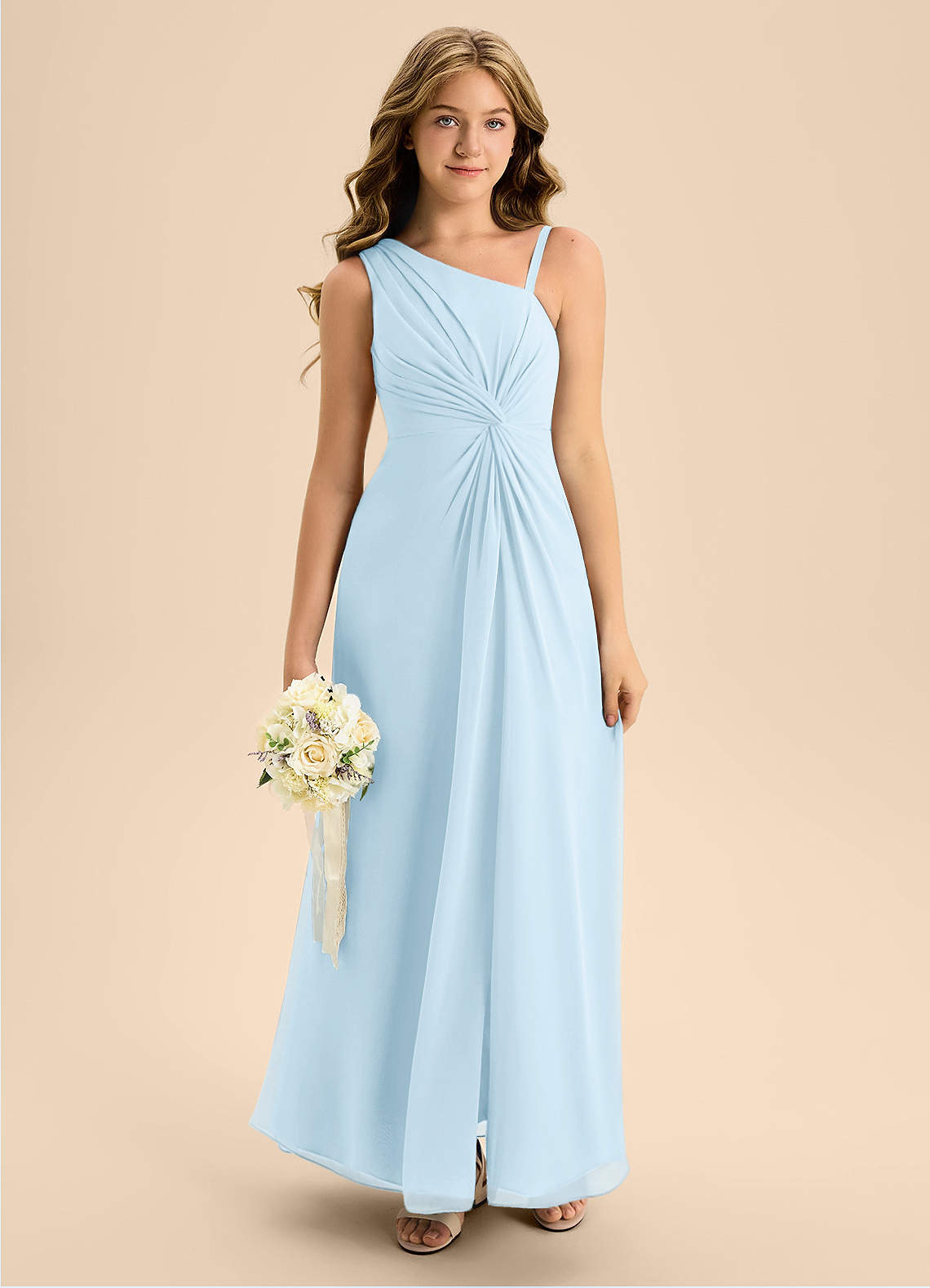 Azazie Brooke Junior Abito A-Line in Chiffon Spacco Laterale Azzurro image2