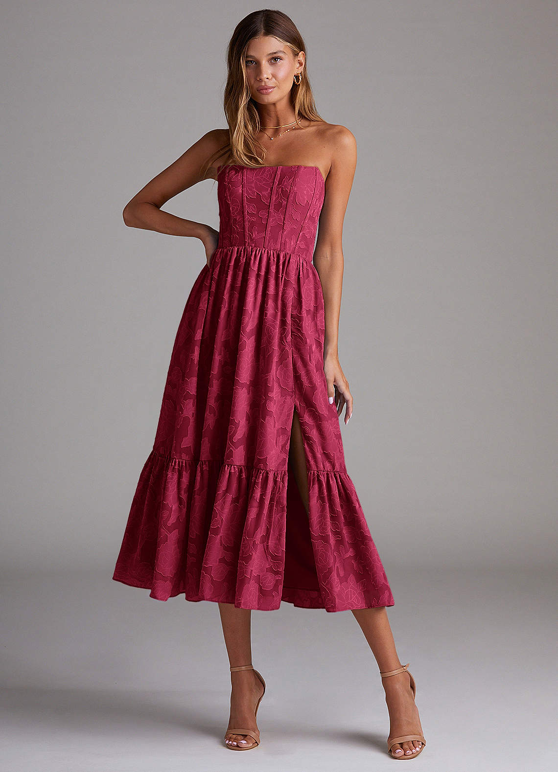 Azazie Delphina Bridesmaid Dresses Burgundy A-Line Strapless Floral Burnout Convertible Dress image1