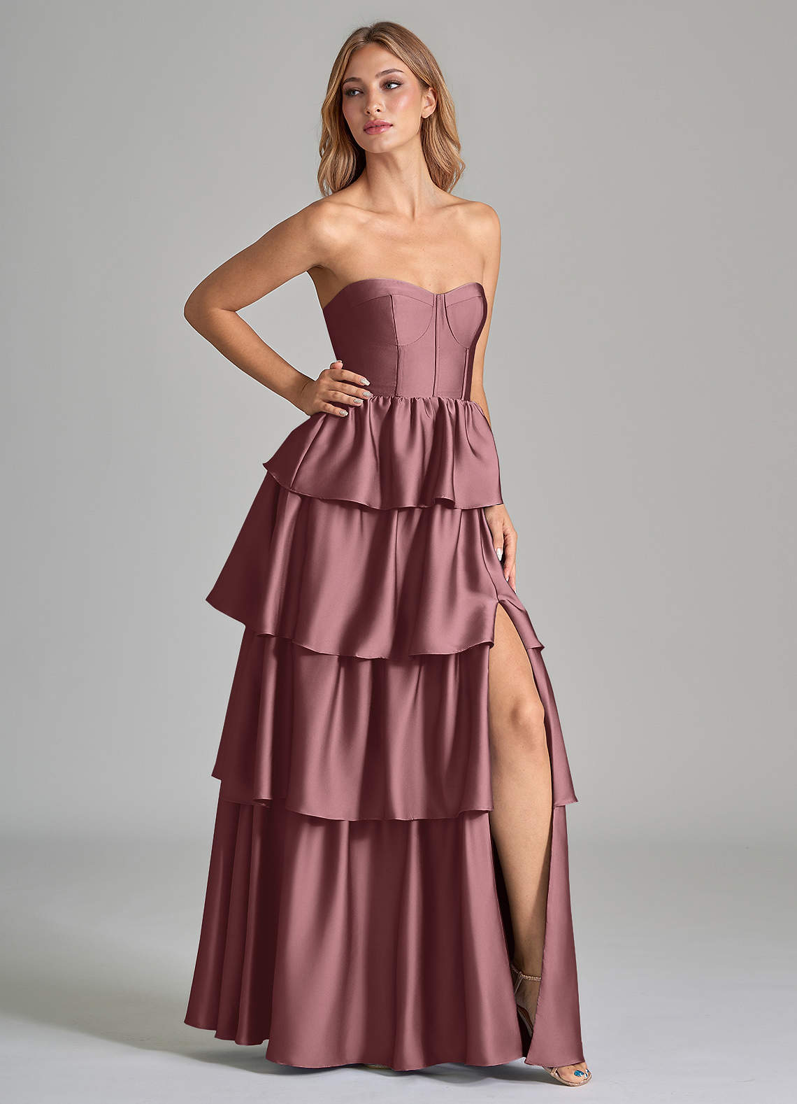 Azazie Faye Bridesmaid Dresses Vintage Mauve A-Line Ruched Stretch Satin Dress image1
