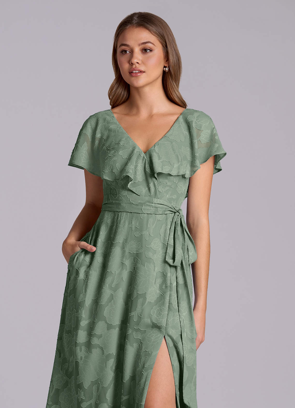 Azazie Lainey Brudepigekjoler En streg med lommer Blomsterudbrændthed Gulv-længde Kjole image6