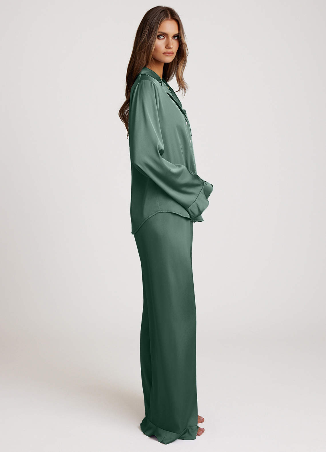 front Ruffled Satin Long Sleeve Pajama Set