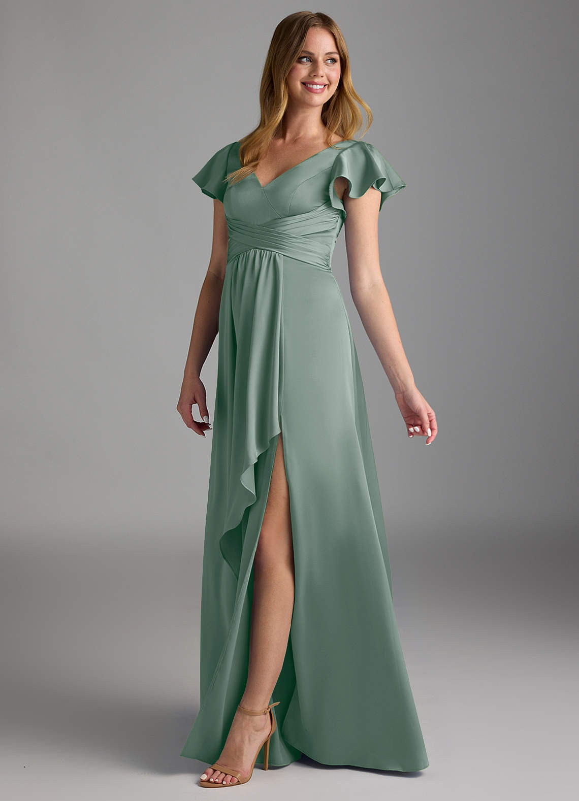 Azazie Omari Silver Sage Stretch Satin Bridesmaid Dresses | Azazie