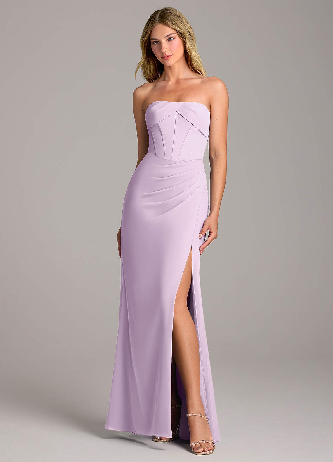 Azazie Chantel Bridesmaid Dresses Frosted Lilac Sheath Strapless Chiffon Convertible Dress image1