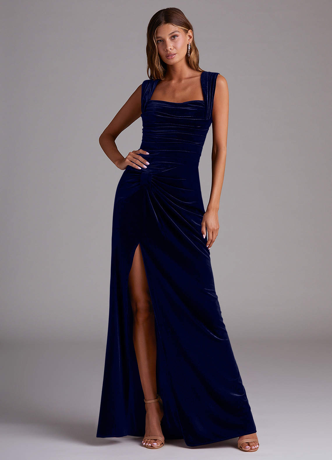 Azazie Genesis Bridesmaid Dresses Dark Navy Sheath Pleated Velvet Dress image1